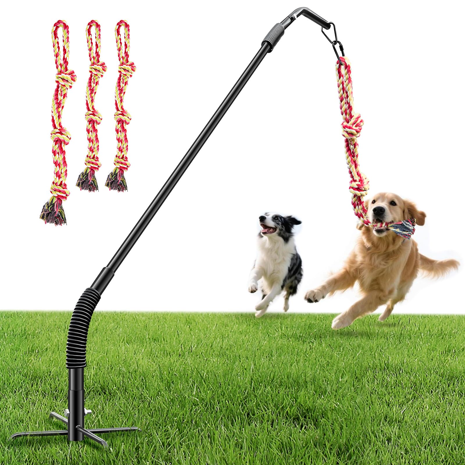 Tether Tug Outdoor Dog Rope Toy, Adjustment Height Upgraded Spring Pole, Includes 3 Chew Ropes, Interactive Tug of War Toy for Large Medium Small Dogs, Exercise Game In Yard, Lawn, Park