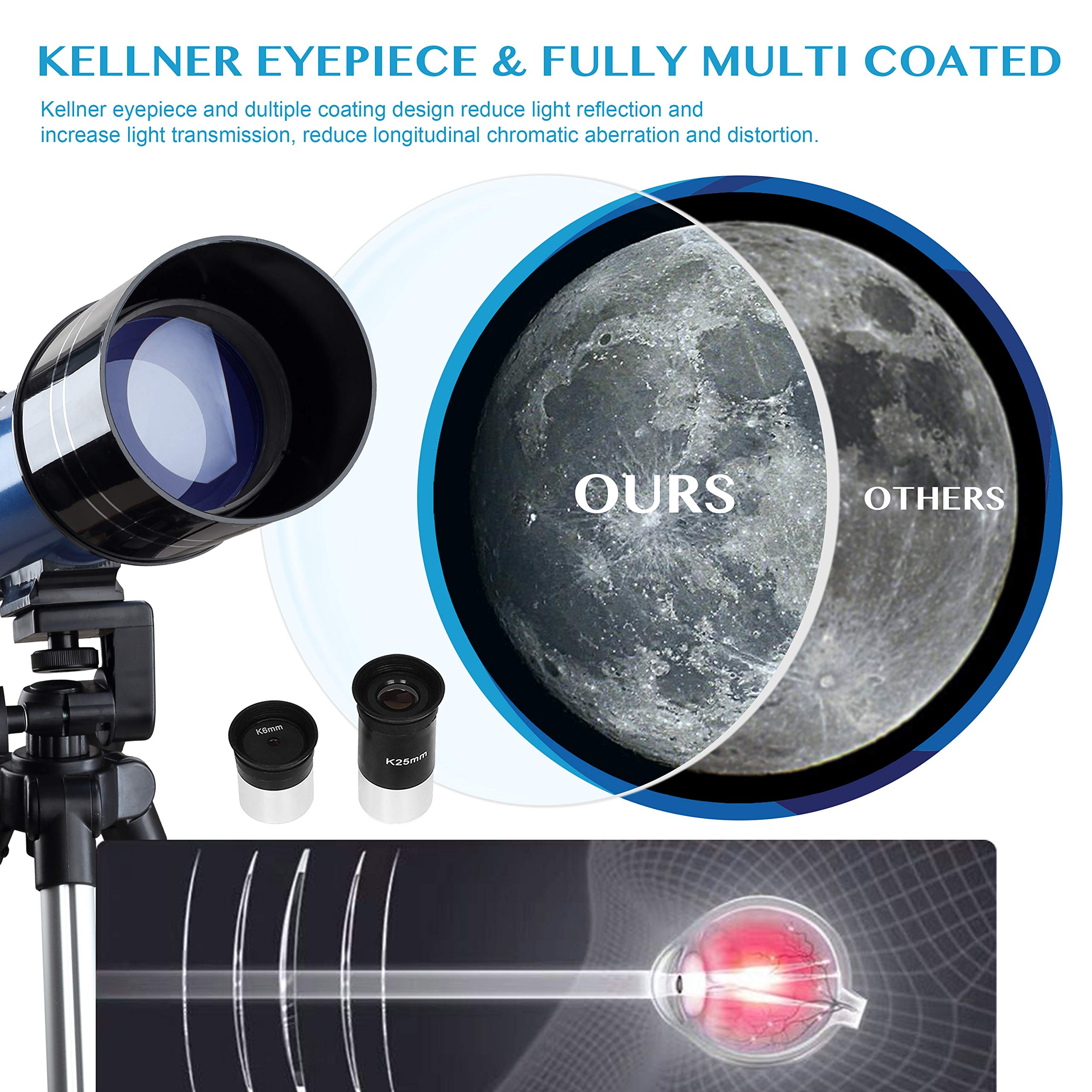 Aomekie Télescope Enfant Adulte 400/70mm Lunette Astronomique Réfracteur avec Adaptateur de Téléphone Trépied Ajustable et Chercheur pour Débutants et Amateurs pour Observer la Lune