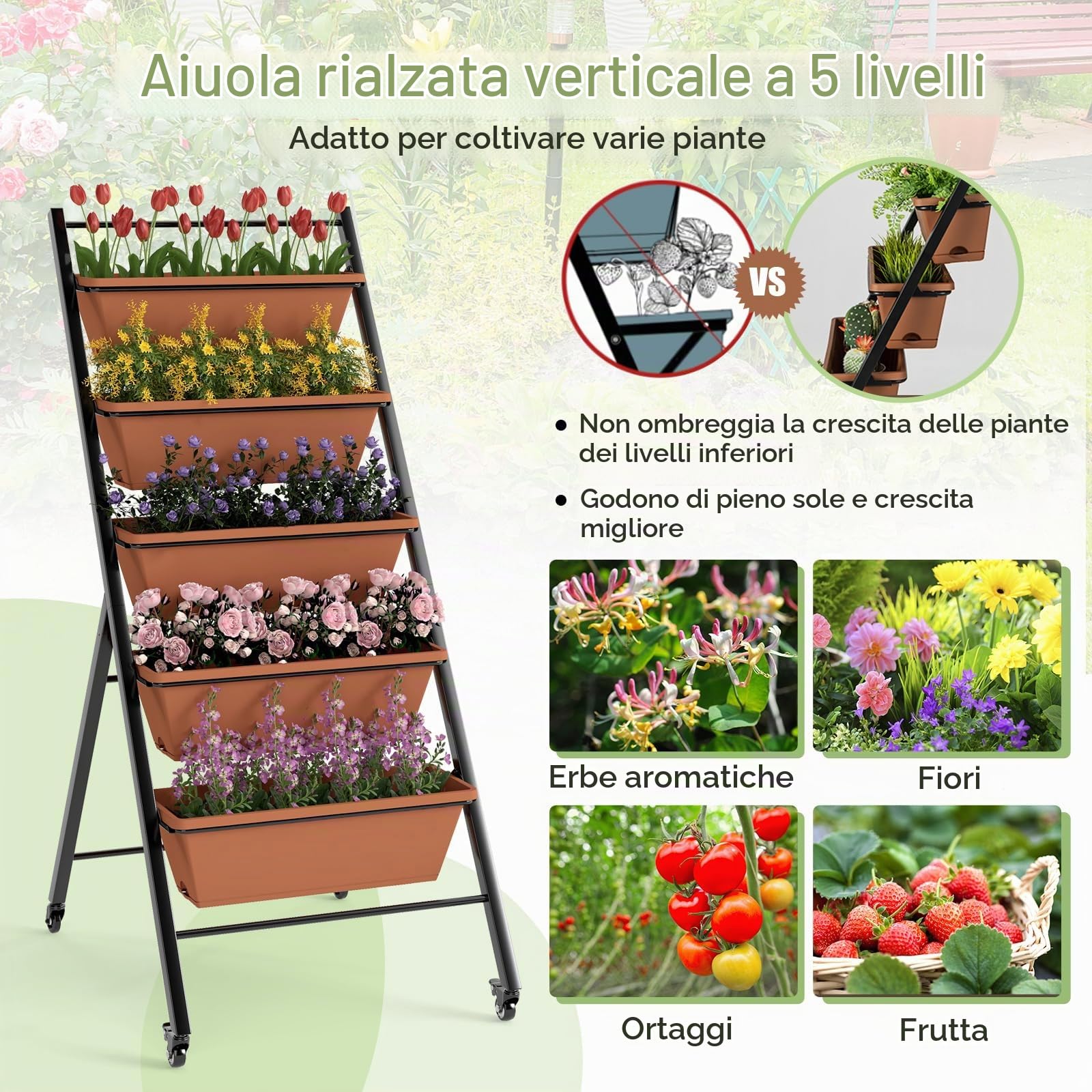 HOMASIS Fioriera da Balcone a 5 Ripiani con 4 Ruote, Scaffale per Piante con 2 Ruote con Freno, Carrello per Piante, Fiori, Verde, Portapiante da Giardino, Balcone, Cortile (Marrone, 57 x 74 x 132 cm)