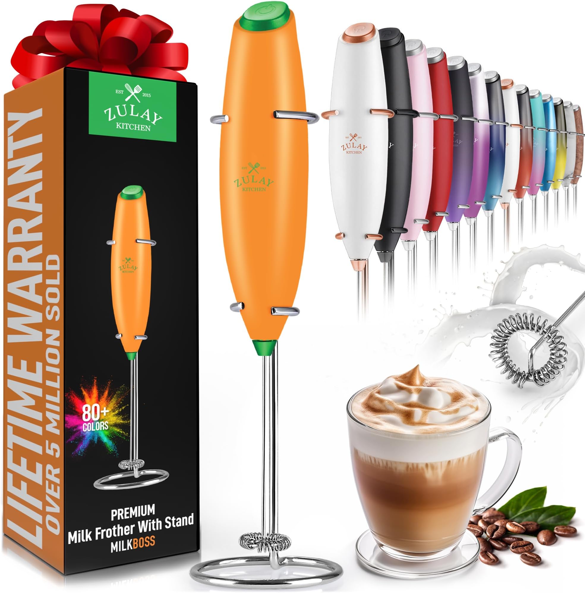 Zulay Powerful Milk Frother for Coffee - Coffee Frother Handheld Foam Maker for Lattes - Easy to Use Coffee Whisk Frother - Portable Electric Whisk for Cappuccino, Frappe, Matcha (Orange/Green)