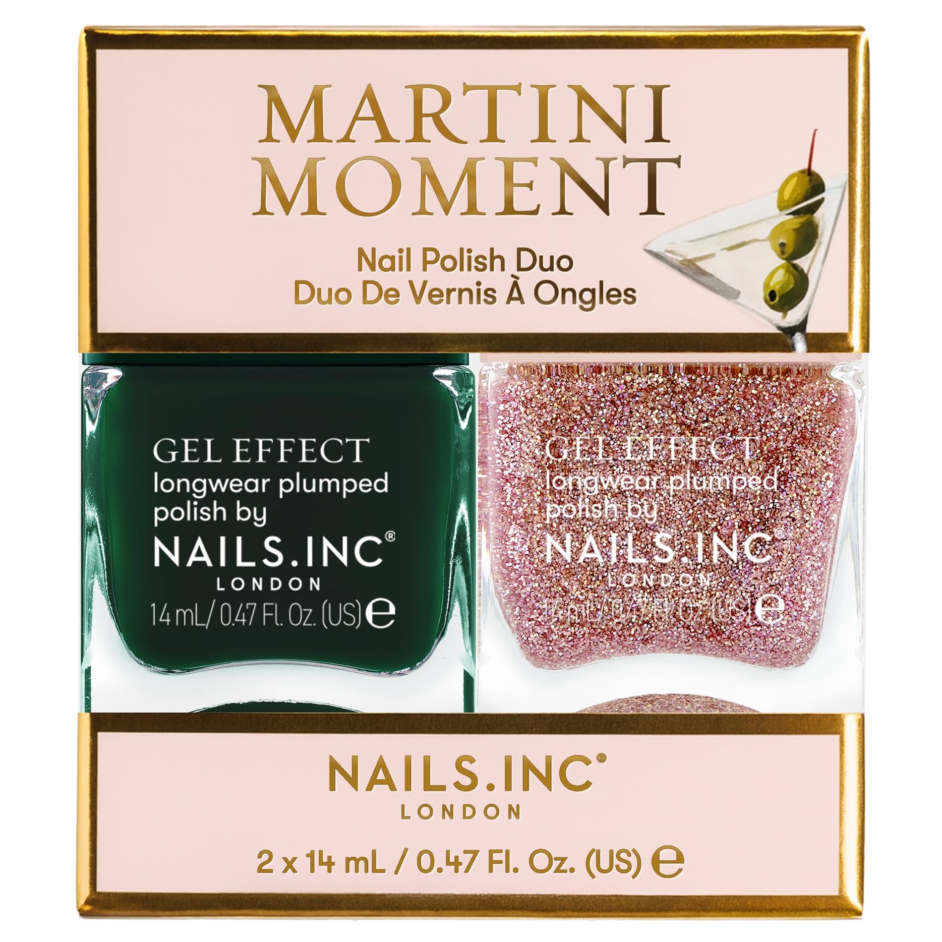 Nails Inc Martini Moment Nail Polish Duo, Long Lasting, Easy Manicure Look, Cruelty Free, Vegan, 21 Free Formula, Olive Forest Green, Gold Shimmer, Gold Glitter, Gel Effect, 2 Piece Set