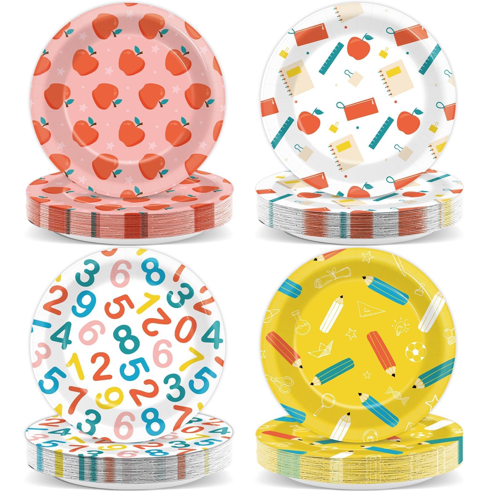 CHUNNIN 48Pcs Back to School Party Paper Plates for School Season Party Supplies 7" First and Last Day of School Disposable Plates Apple Pencils