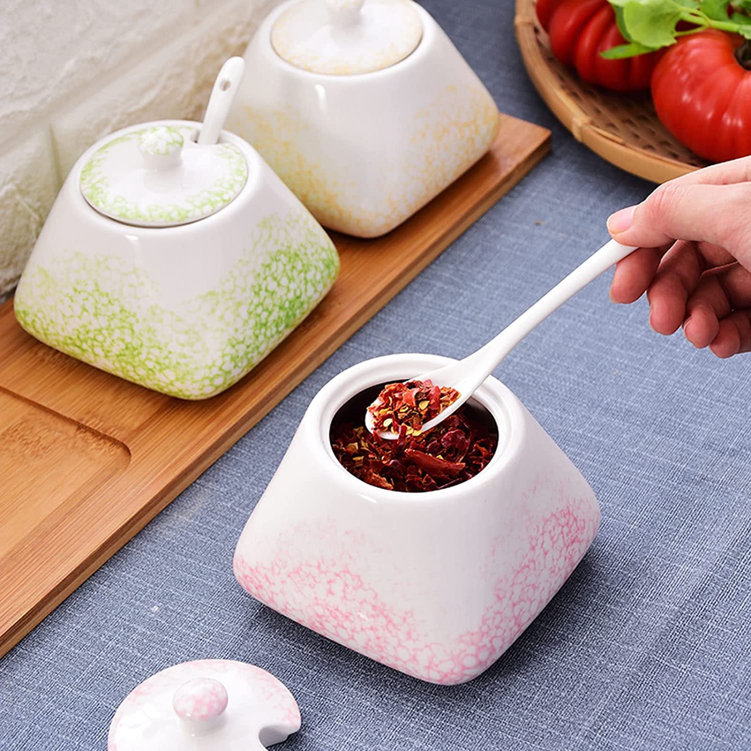 Azucarero de cerámica, jarra for crema, azucarero de cerámica colorido con tapa, azucarero de porcelana con cuchara, salero pequeño, tarro de almacenamiento, for cafetería, restaurante, cocina, jarra
