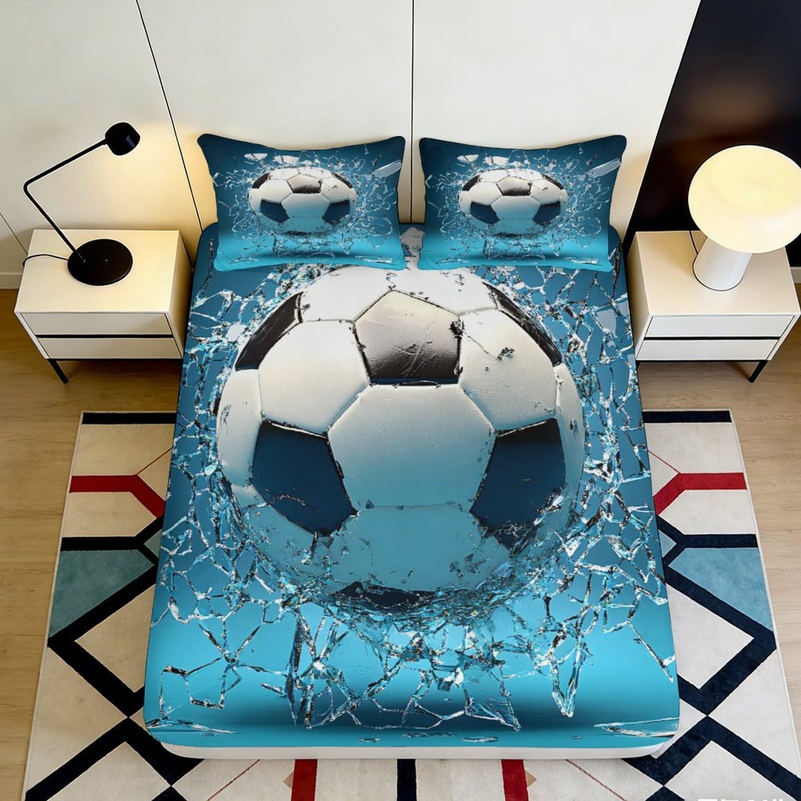 3D Printed soccer design Fitted Sheet, soft touch Microfiber, wrinkle resistant, bedroom decor, apartment bedding, anti-slip, easy care, dustproof 120x200x25cm