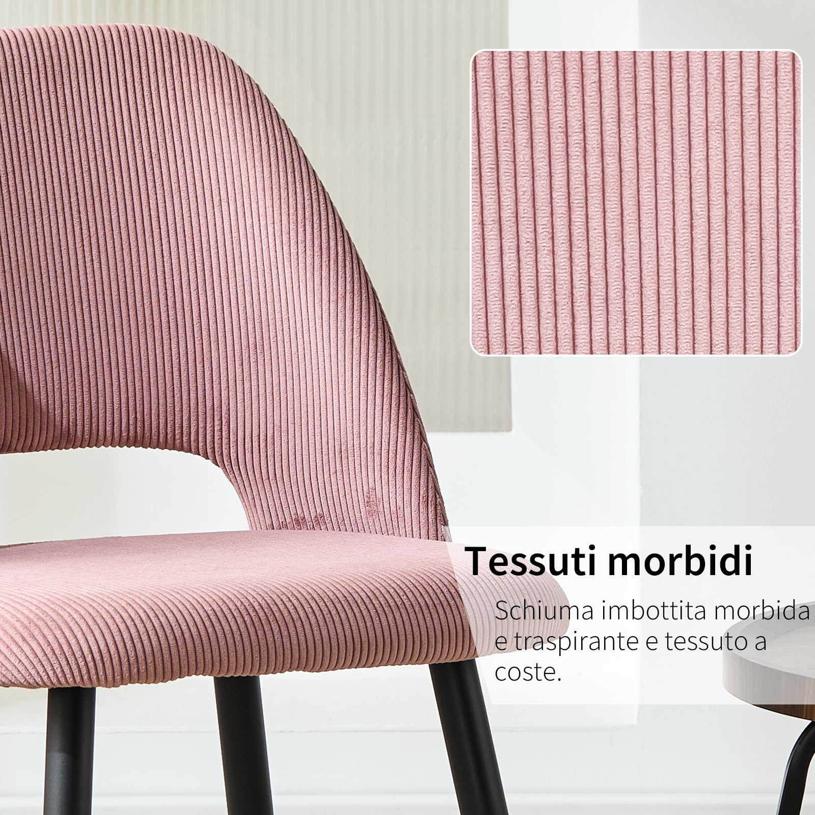 ANVOFONG Sedia da Pranzo Rosa in Velluto a Righe, Sedia Imbottita con Schienale Trapuntato e Gambe Indipendenti, Modern Style, 80 cm (H) x 48 (W) 45 (D), Rosa, Tinta Unita, Per Sala da Pranzo