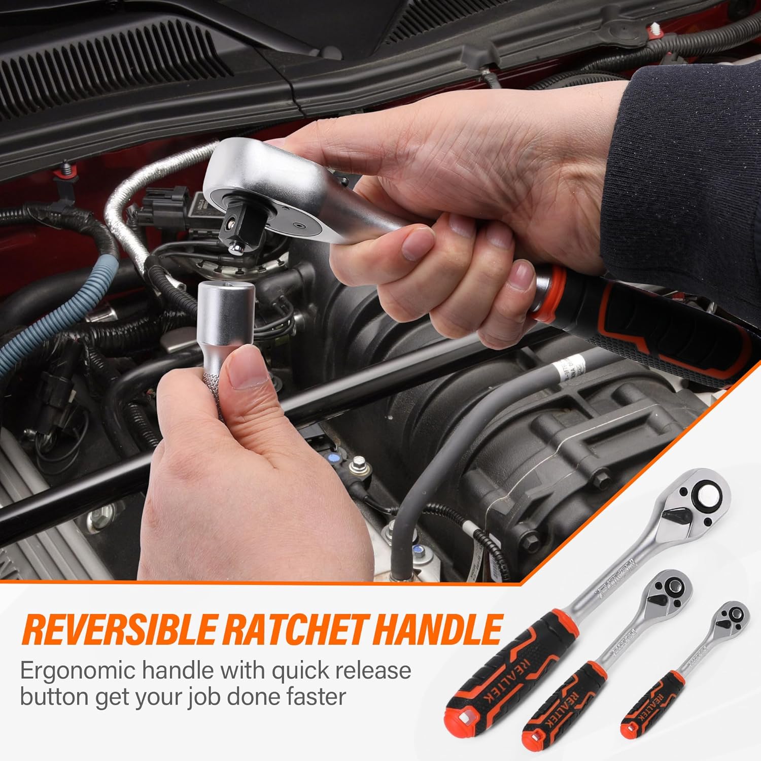 REALTEK 178 Pieces Socket Wrench Set 1/4"3/8"1/2",CR-V Metric Wrench Set with Extension Bar,Quick-Release Ratchet Wrench with Bit Socket Set for Auto Repairing,Household and Workshop,Durable Tool Box