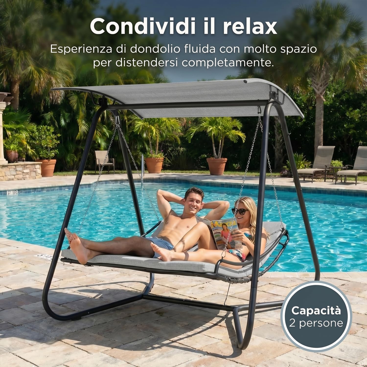 Marvin Dondolo Amaca Letto 2 Posti da Giardino con Tetto Parasole Struttura in Acciaio Seduta Imbottita in Textilene per Terrazzo Patio e Piscina (GRIGIO/GRIGIO)