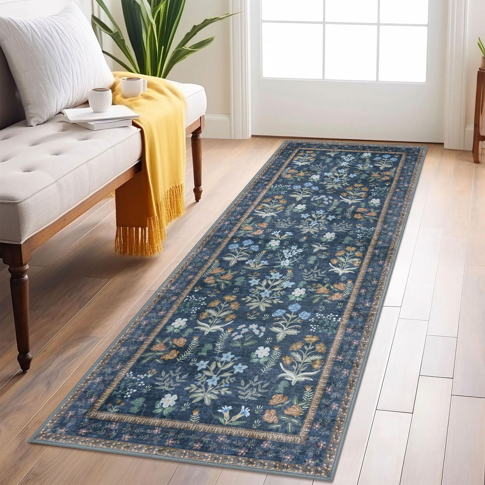 Boho Floral Machine Washable Runner Rug 2x6, Navy Kitchen Runner Rug Non-Slip, Super Thin Hallway Rug Runner Printed Faux Wool Soft Carpet for Entryway Bedroom Laundry Room Indoor