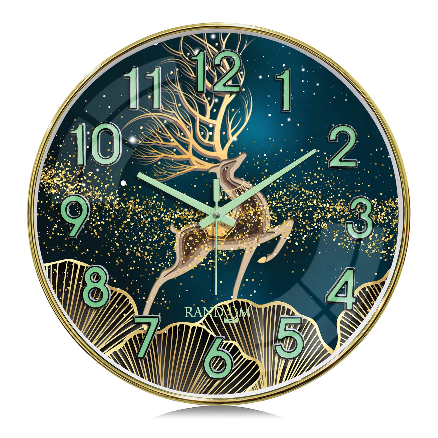 RANDOM Modern 12.75INCH Wall Clock with 3D Radium Numbers, Silent Non-Ticking, Premium Golden Frame, Ultra Clear Glass for Living Room, Home Office