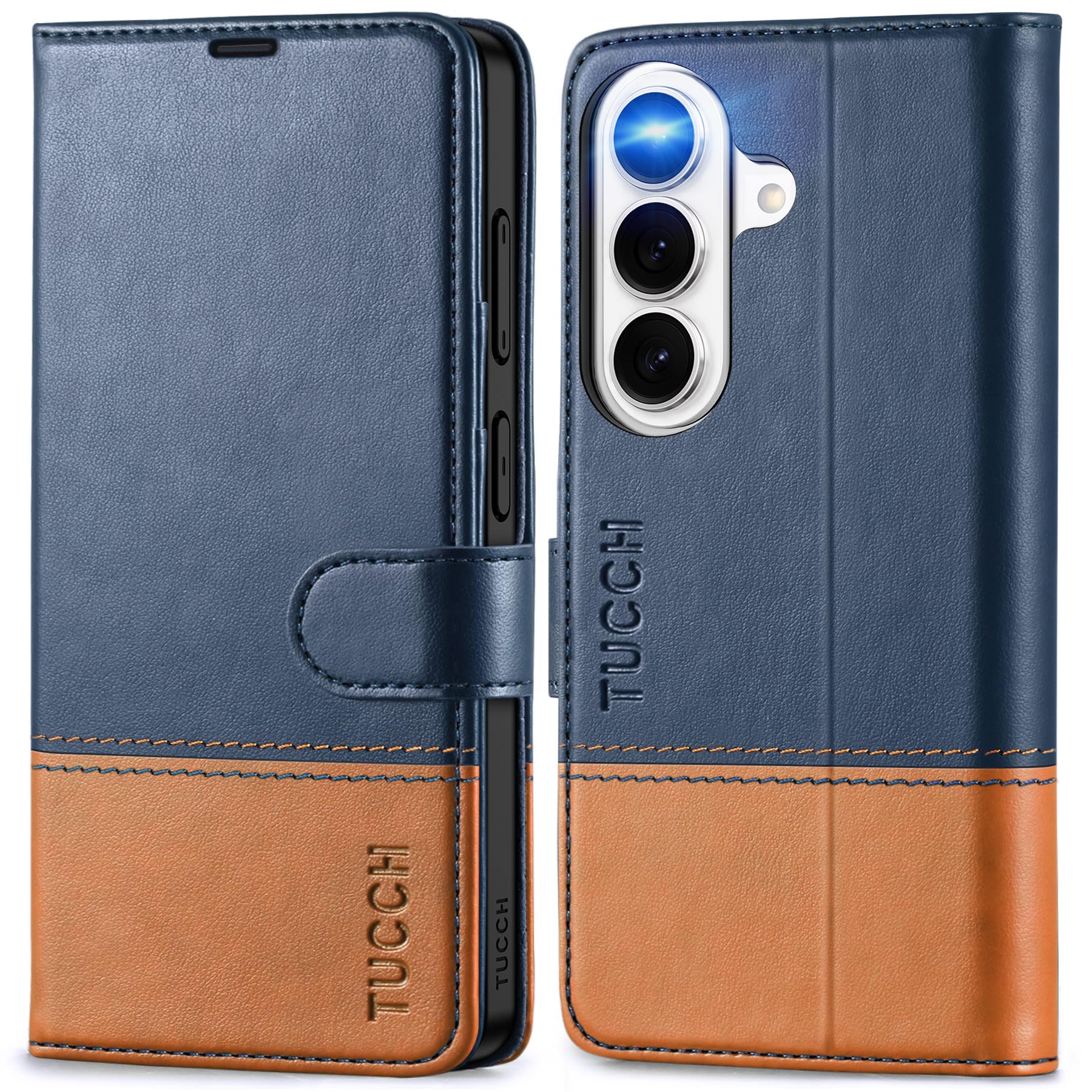TUCCH Funda Cartera para Galaxy S26 5G, Funda Cubierta Cuero PU con Bloqueo RFID, Protección contra Caída, Ranura para Tarjeta, Carcasa Magnética Compatible con Galaxy S26 (6,3" 2026), Azul & Marrón
