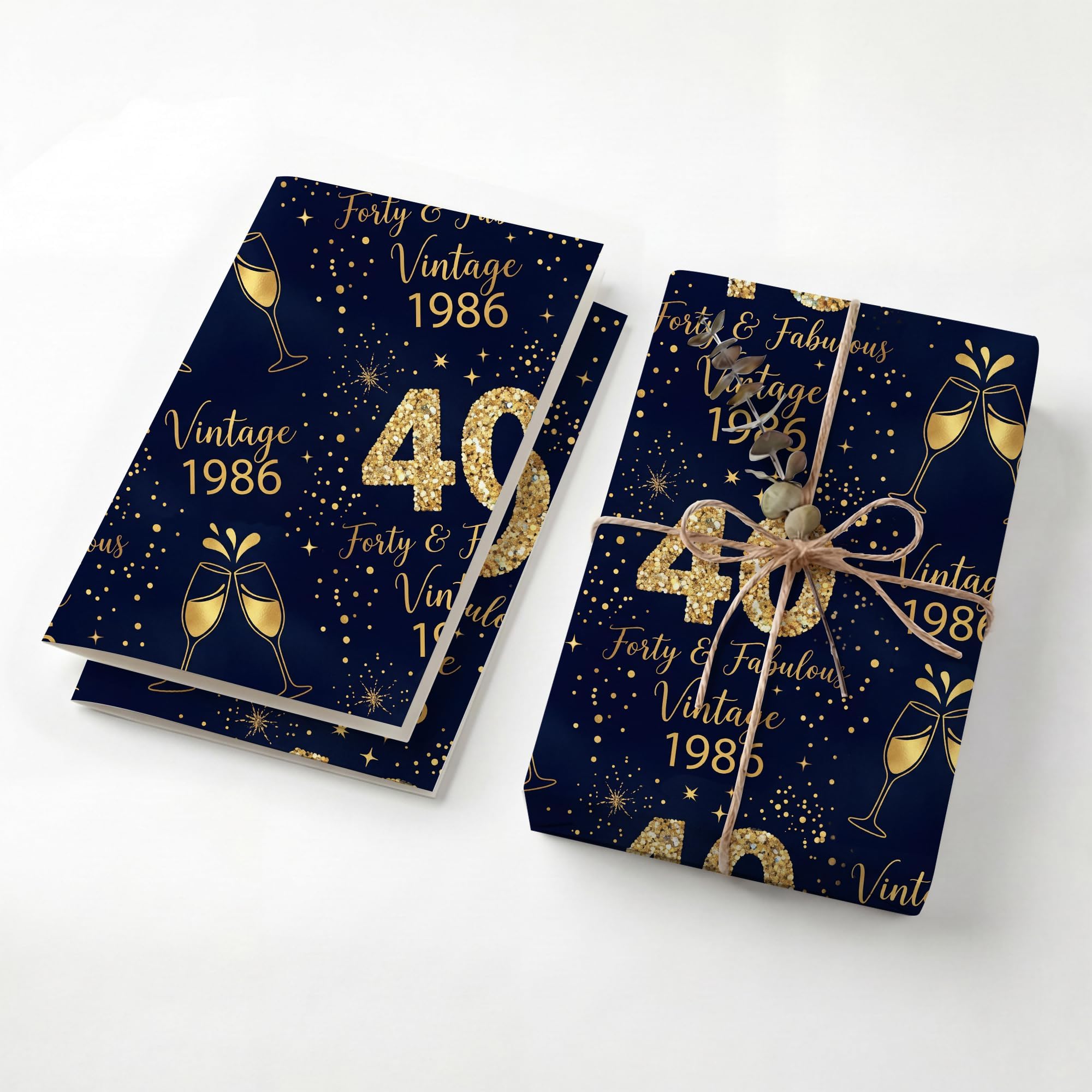 Navy Gold 1986 Champagne Birthday Wrapping Paper Folded Sheets, 120GSM Thick Kraft Wrapping Paper for Women, Forty and Fabulous 40th Print Present Packaging for Wife Mom, Two Pack — image 1