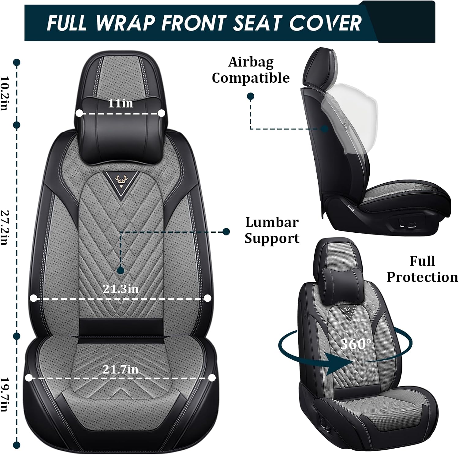 Car Seat Covers Fit for KIA Rio 2003-2025,2 Seats Non-Slip Nappa Leather Seat Cover, Airbag Compatible, Sports Car Seat Protector Premium Interior.(Luxury 2 Seats with Pillows,Black Gray)