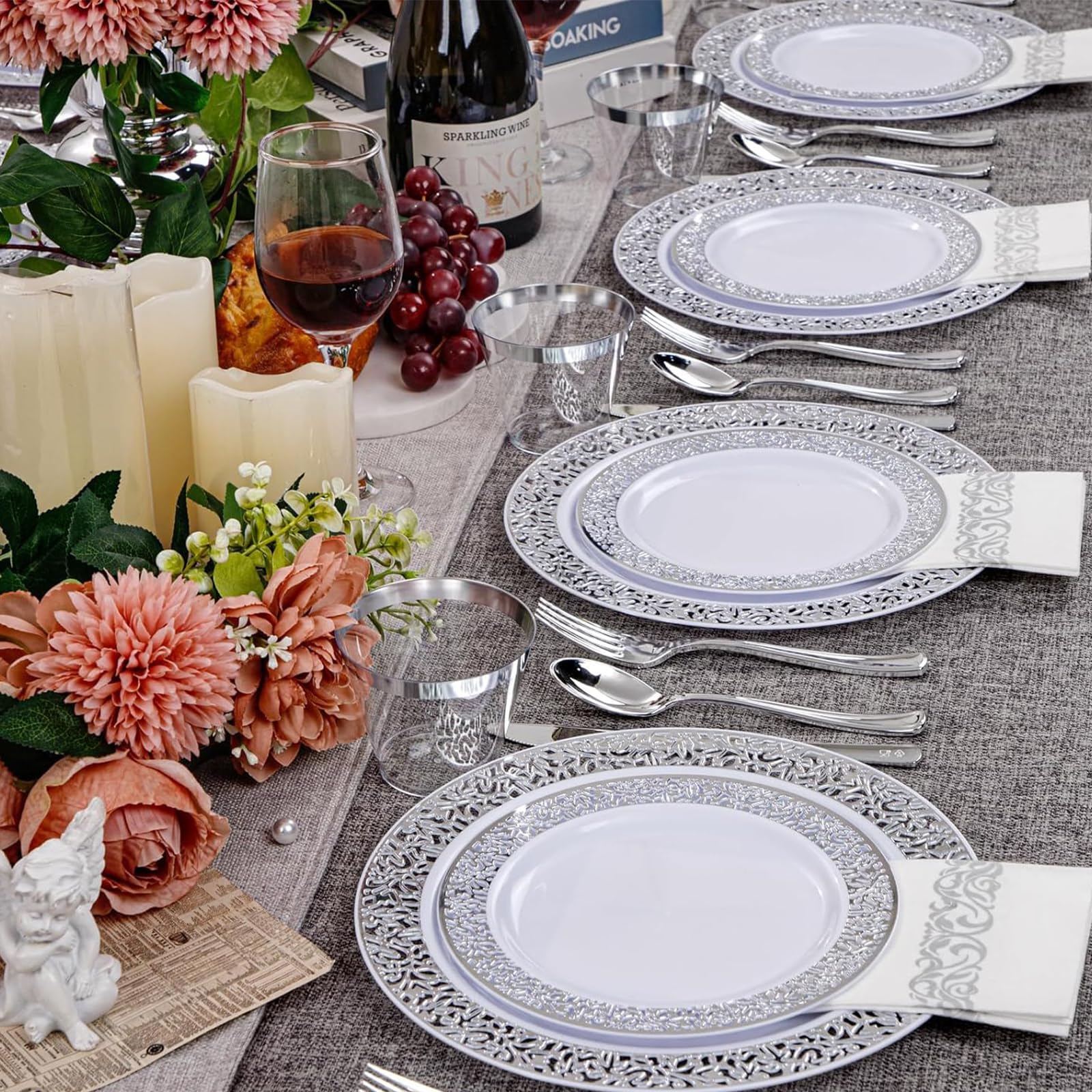 Juego de 50 platos de plástico blancos, 19 cm y 26 cm, reutilizables, platos de plástico reutilizables, para fiestas, platos de fiesta, platos de plástico con plateados para bodas, fiestas