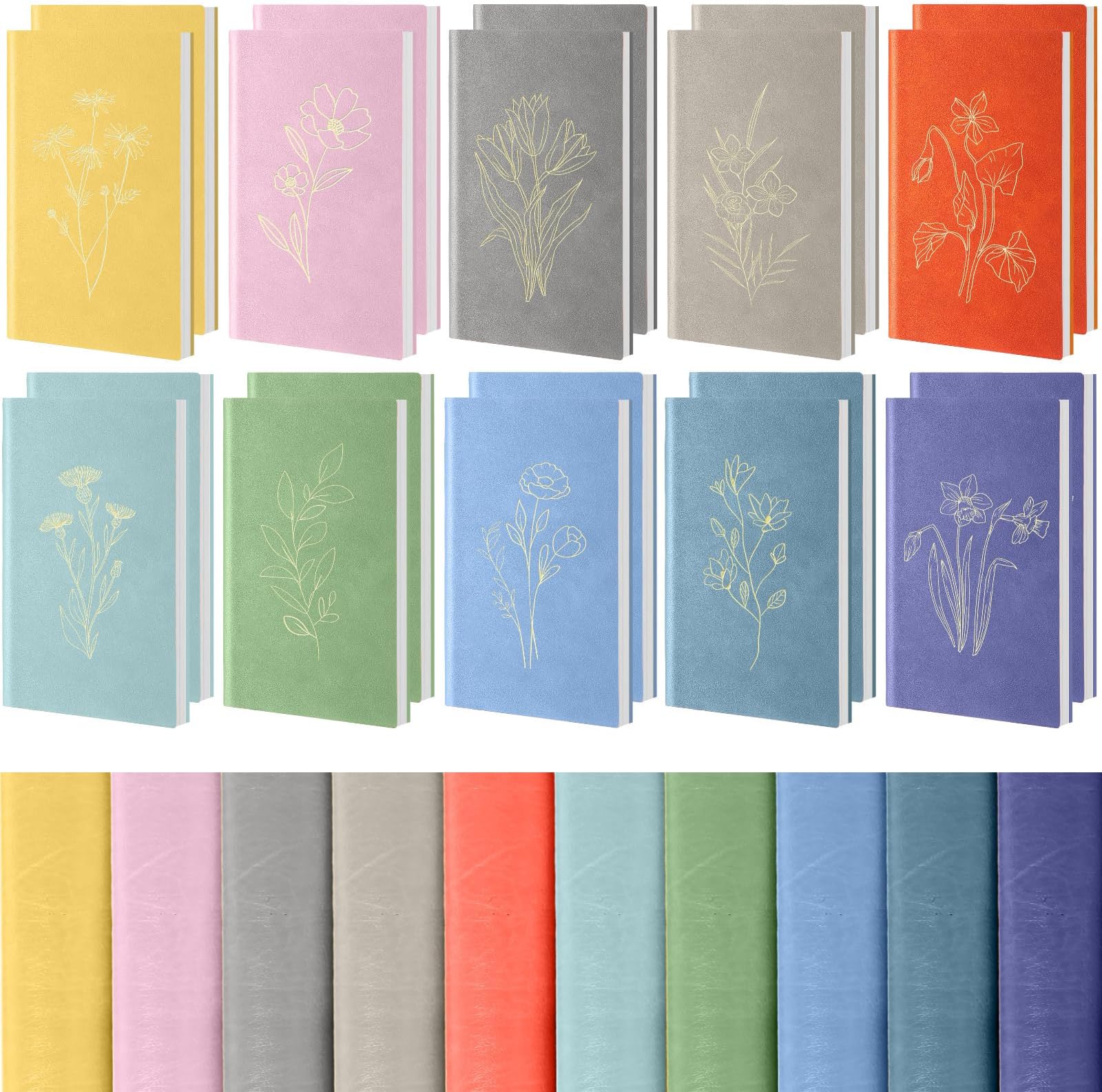 Cholemy 10-Pack Floral Hardcover Notebooks - A6 Size (4"x7"), 200 Lined Pages, PU Leather, Bulk Journals For School & Office