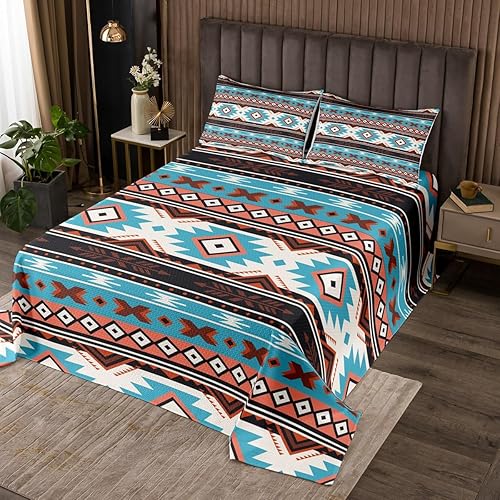 Erosebridal Juego de edredón azteca, tamaño King, del suroeste, juego de colcha tribal nativo americano, marrón, azul, abstracto, geométrico,