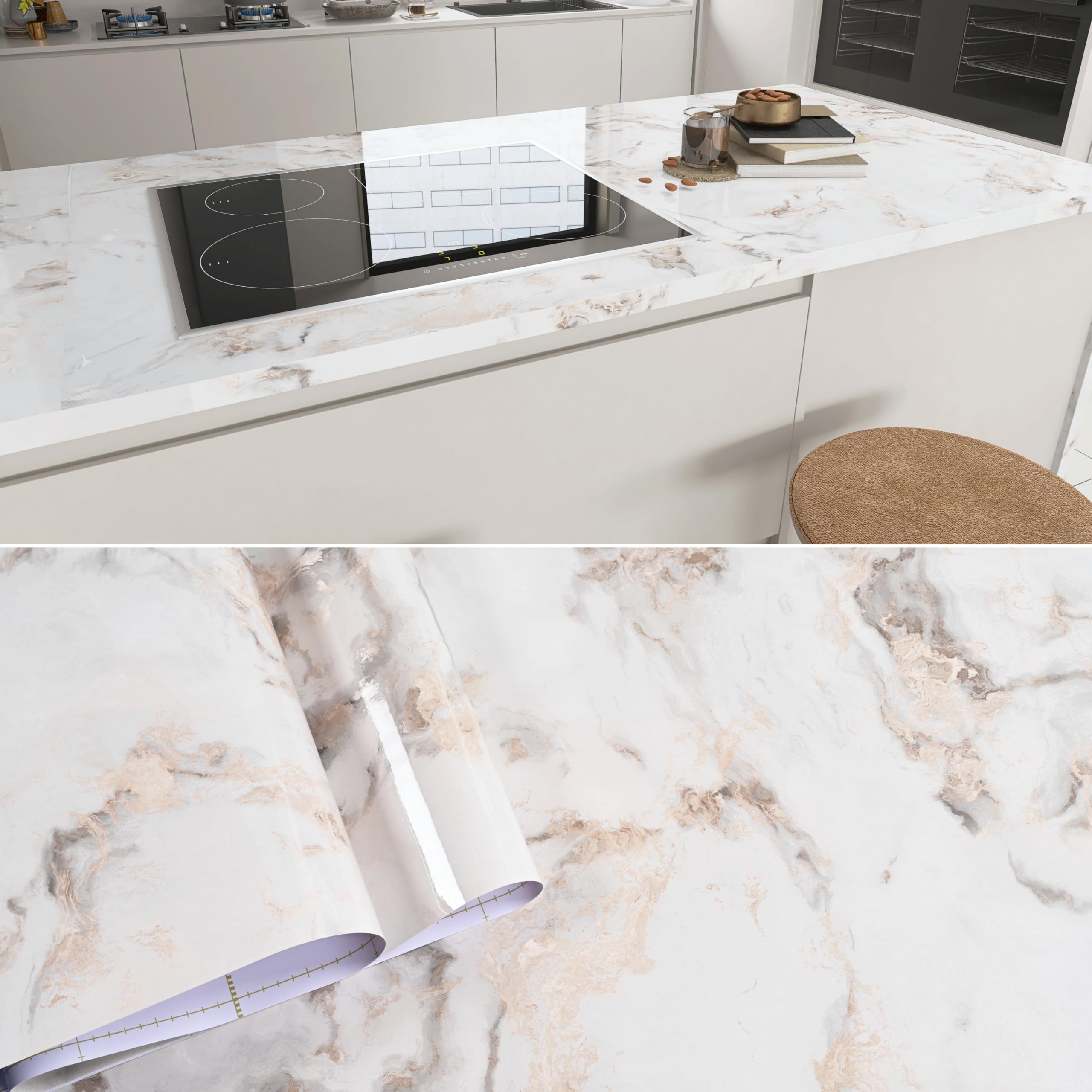 52cm×3m, Glossy Marble Vinyl Wrap for Furniture, Worktop Vinyl Covering, White Marble Sticky Back Plastic Roll, Thick Heat-Resistant Contact Paper Self Adhesive for Kitchen Worktops Countertops etc
