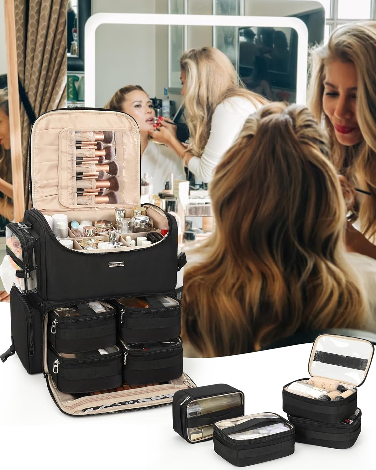 Relavel Rolling Makeup Train Case, Cosmetology Case on Wheels with 4 Clear Bags, Professional Makeup Artist Set Bags Cosmetic Storage Organizer with Adjustable Dividers, 360° Spinner Wheels, Black