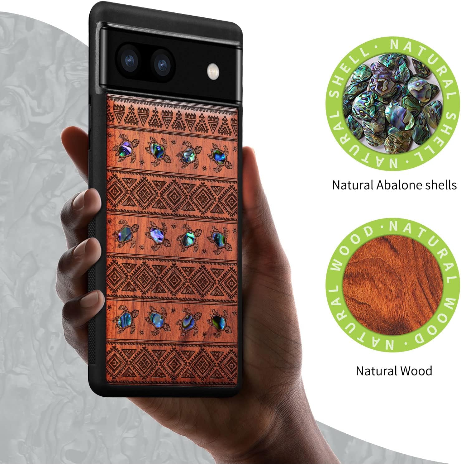Carveit Designer Wooden Case for Google Pixel 6a Case Protective Cover [Wood Engraving & Shell Inlay] Compatible with Pixel 6a (Sami Turtles-Rosy)