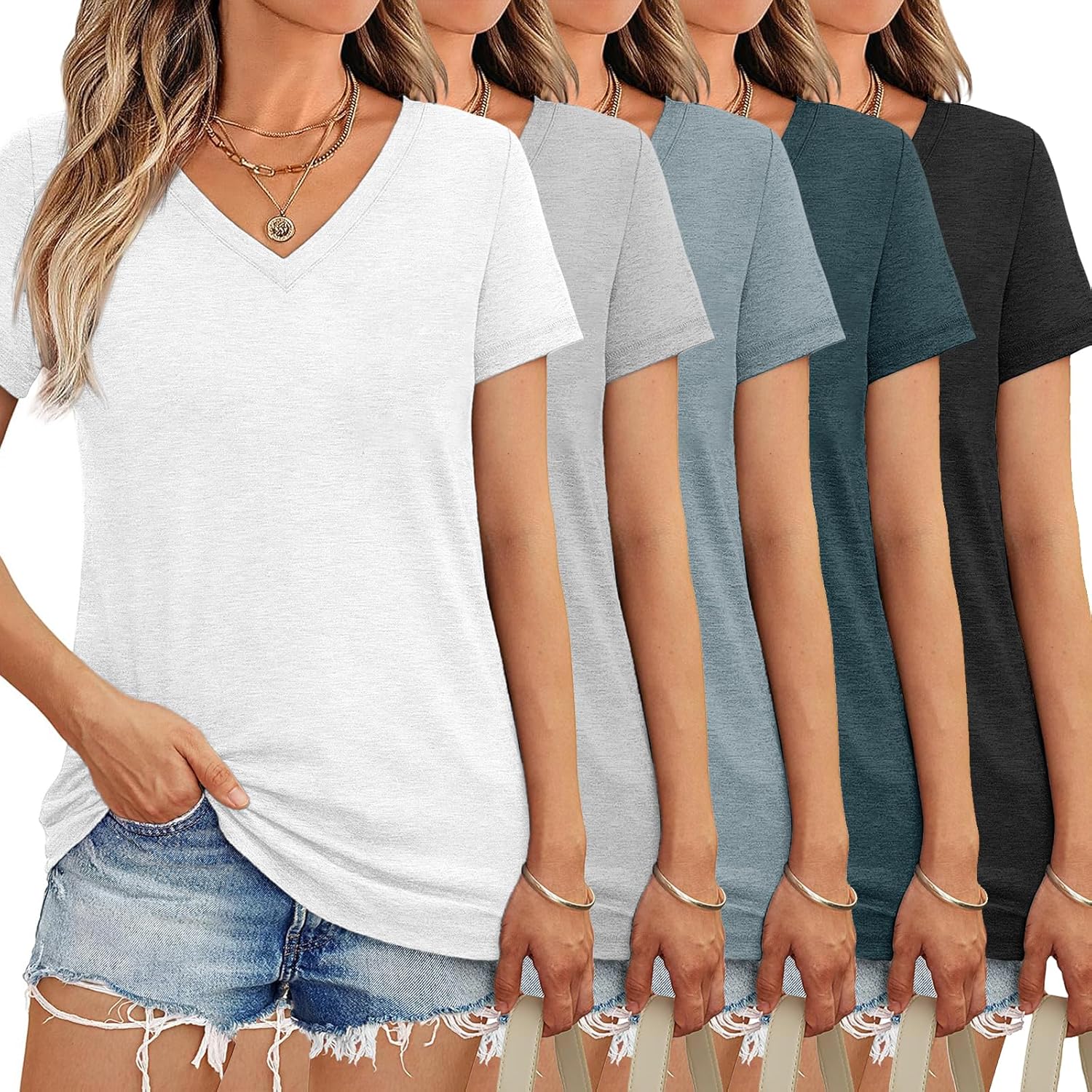 5 Pack Women's Short Sleeves V Neck Tops Spring Summer Outfits Trendy T Shirts 2026 Casual Fashion Clothes
