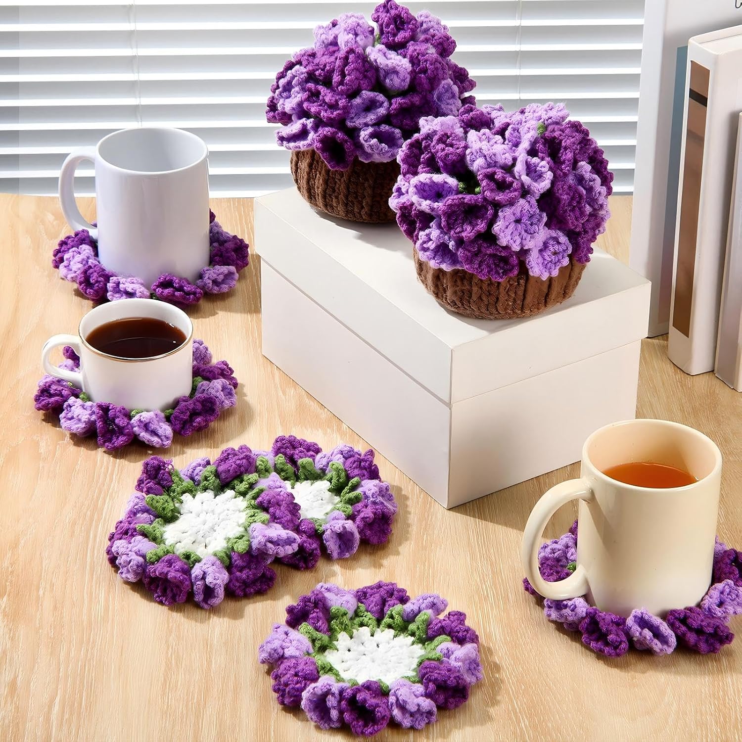 HunnmingRe 15 Pcs 3D Cute Crochet Flower Coasters Set, Spring Summer Floral Table Coasters with Plant Pot Holder, Soft Decorative Cup Mat, Housewarming Gift(Purple,Lily of The Valley​)