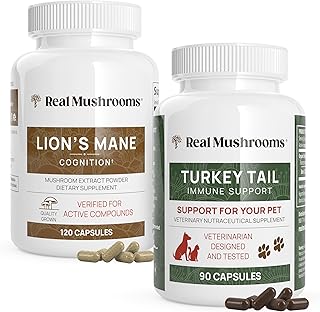 Real Mushrooms Lions Mane for Humans (120ct) & Turkey Tail for Pets (90ct) - Bundle for Cognition and Immunity - Vegan, No...