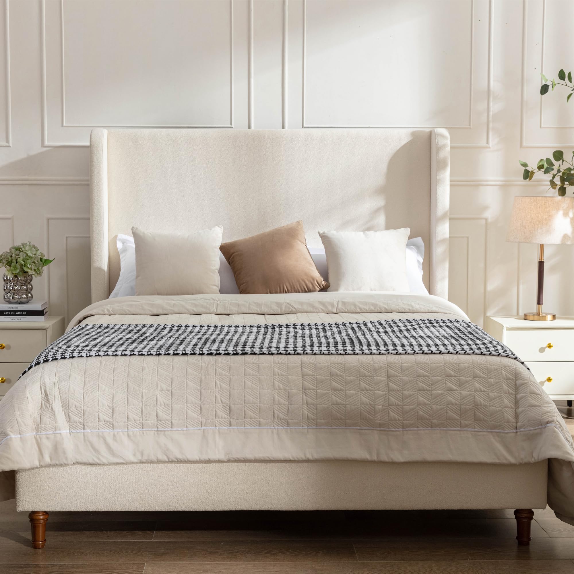 queen size upholstered bed frame, wingback headboard bedframesharper, 54" tall headboard platform beds/no box spring needed/easy assembly/elegant simplicit, beige boucle