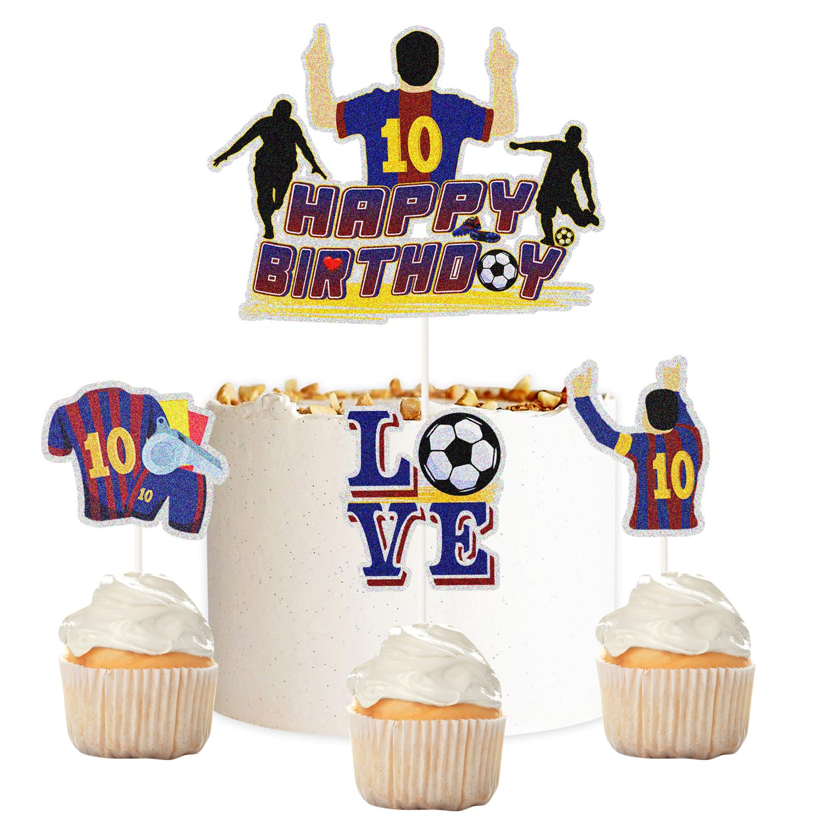 4pcs Football Star Cake Toppers,Soccer Jerseys Themed Cake Decor, Barcelona Theme Birthday Party Decorations for Teen Boy