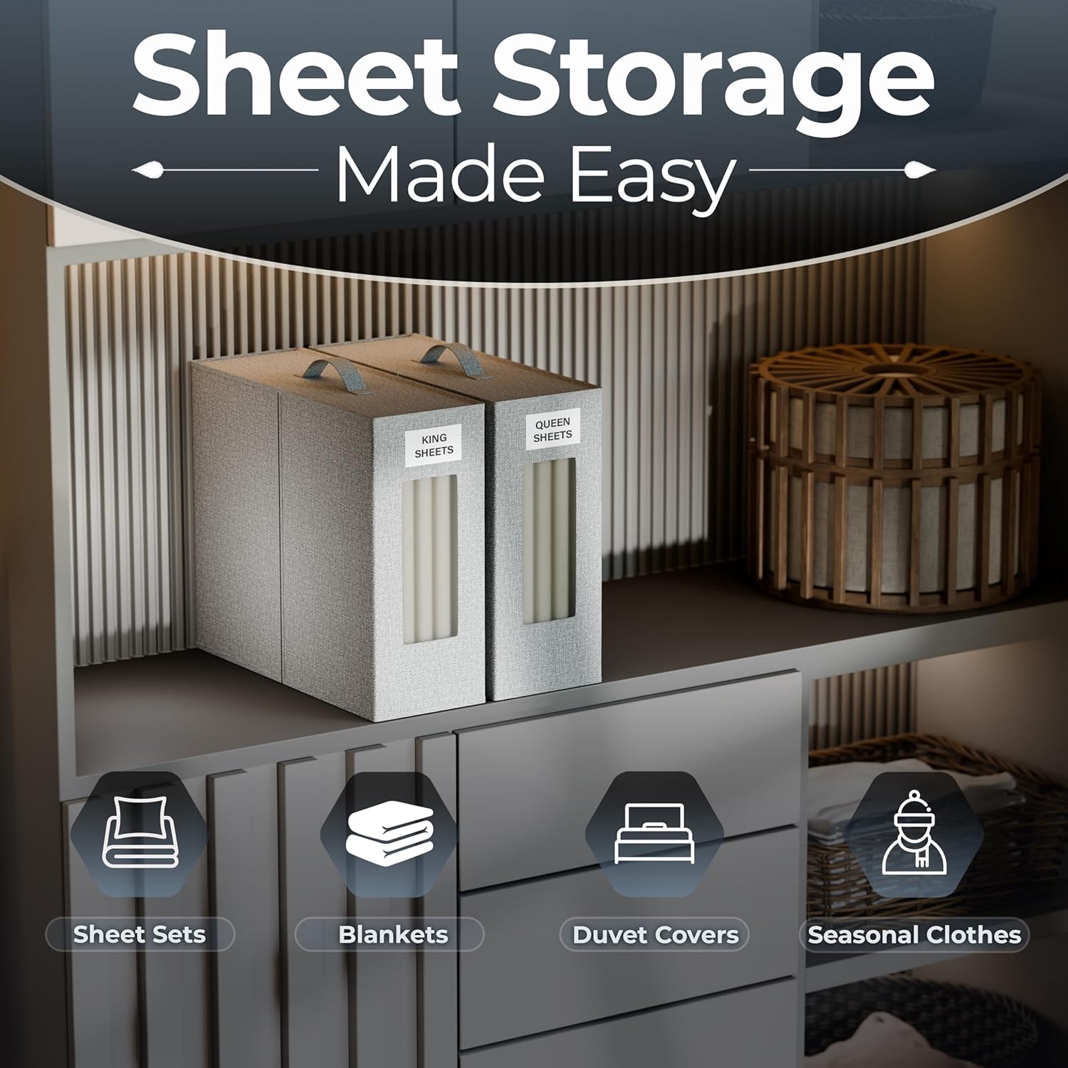 TIMBLE Bed Sheet Organizers & Storage, 10 Pack for King, Queen & Large Sheet Sets, Closet Organizer for Linens, Clothes, Blankets & Bedding, Foldable Fabric Bins with Handle, Name Tag & Window (Gray)