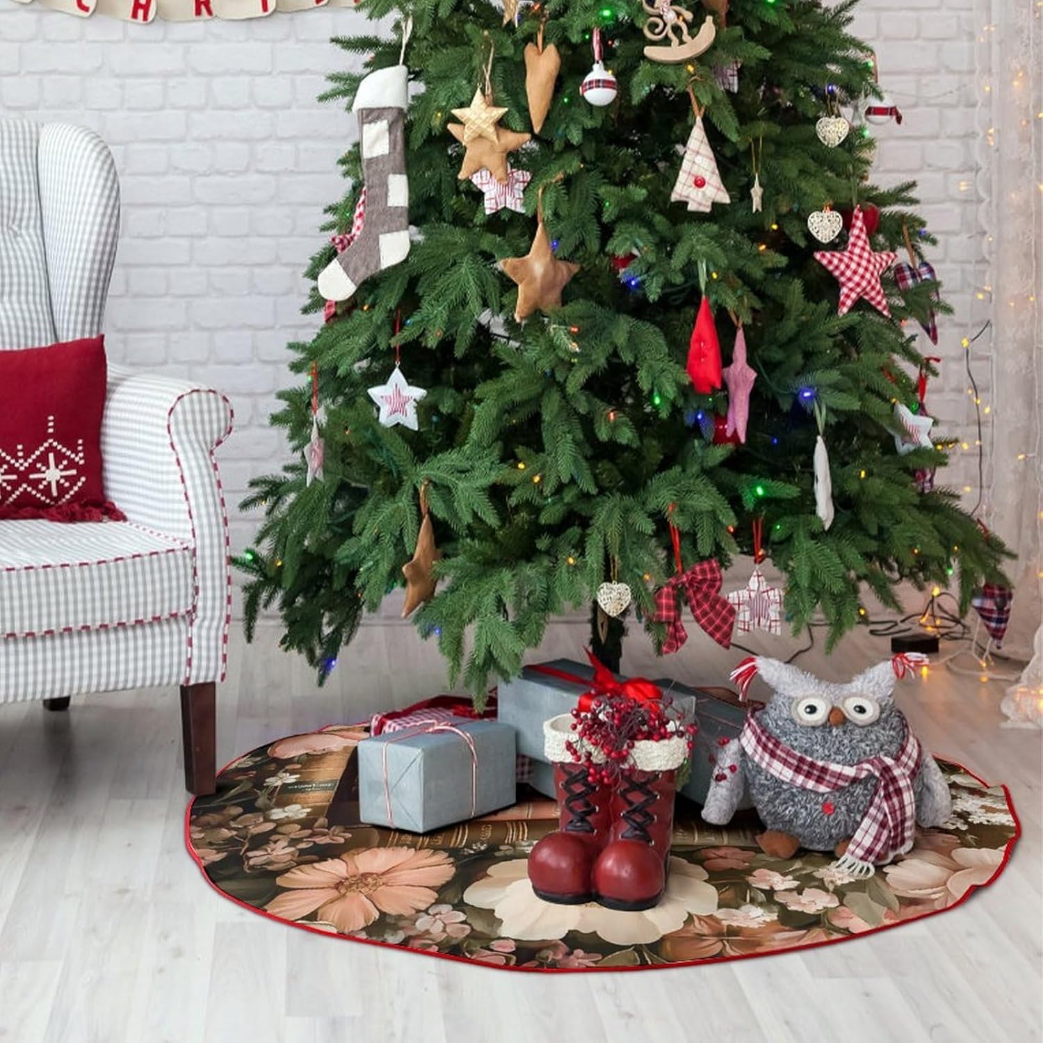 Book Flower Christmas Tree Skirt Ornaments Christmas Tree Mat for Home Party Holiday Decorations