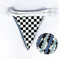 Vista 2 de Decoraciones de Fiesta de Carreras de 32 Pies Azul Polvoriento Negro Blanco a Cuadros Banner de Tela de Auto de Carreras Bandera Triangular Banderín