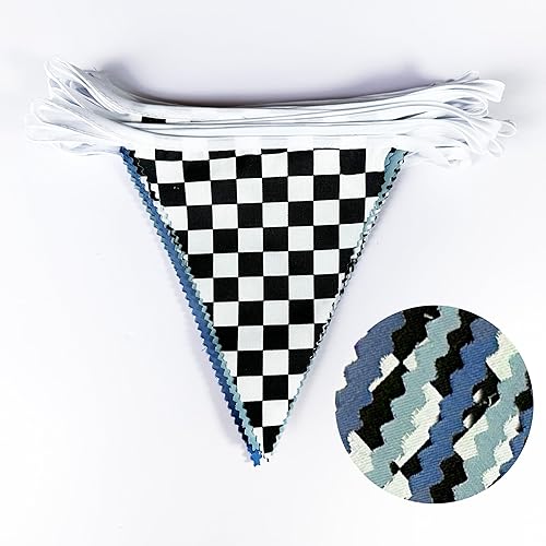 Vista 2 de Decoraciones de Fiesta de Carreras de 32 Pies Azul Polvoriento Negro Blanco a Cuadros Banner de Tela de Auto de Carreras Bandera Triangular Banderín