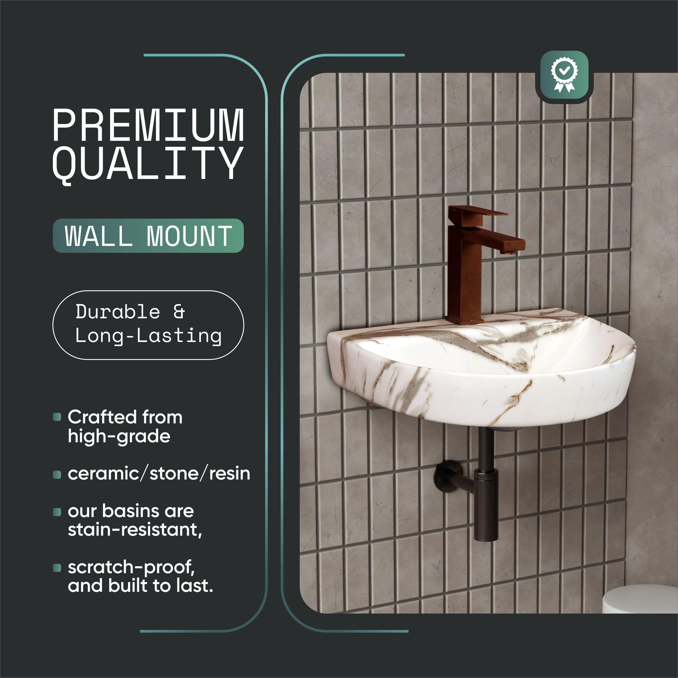 HISRE Wall Mount Wash Basin 18"x13"x5" | Modern White and Grey Marble Design Ceramic Sink | Compact Rectangular Bathroom Basin for Home, Office & Hotels, photo 5 of 5