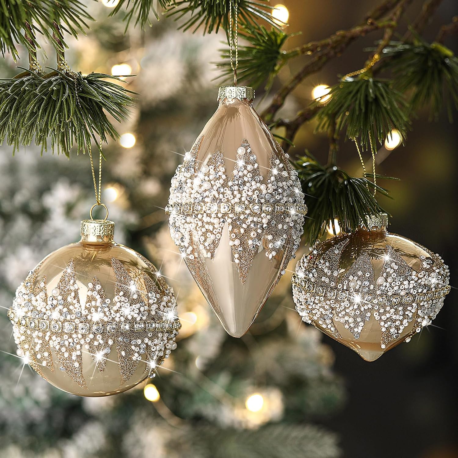 soulchen 3 pcs champagne christmas glass ball ornaments beaded sequined glitter ball christmas tree decorations hanging xmas glass baubles for holiday xmas tree party decor