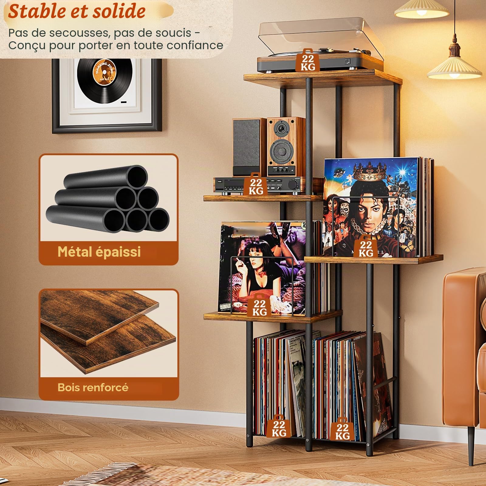 Bikoney Meuble pour Platine Vinyle avec Rangement, Étagère d’Affichage pour Disques, Support Table pour Platine avec Organisateur de Vinyles, Meuble Vintage en Bois Style Mid-Century, Console Haute