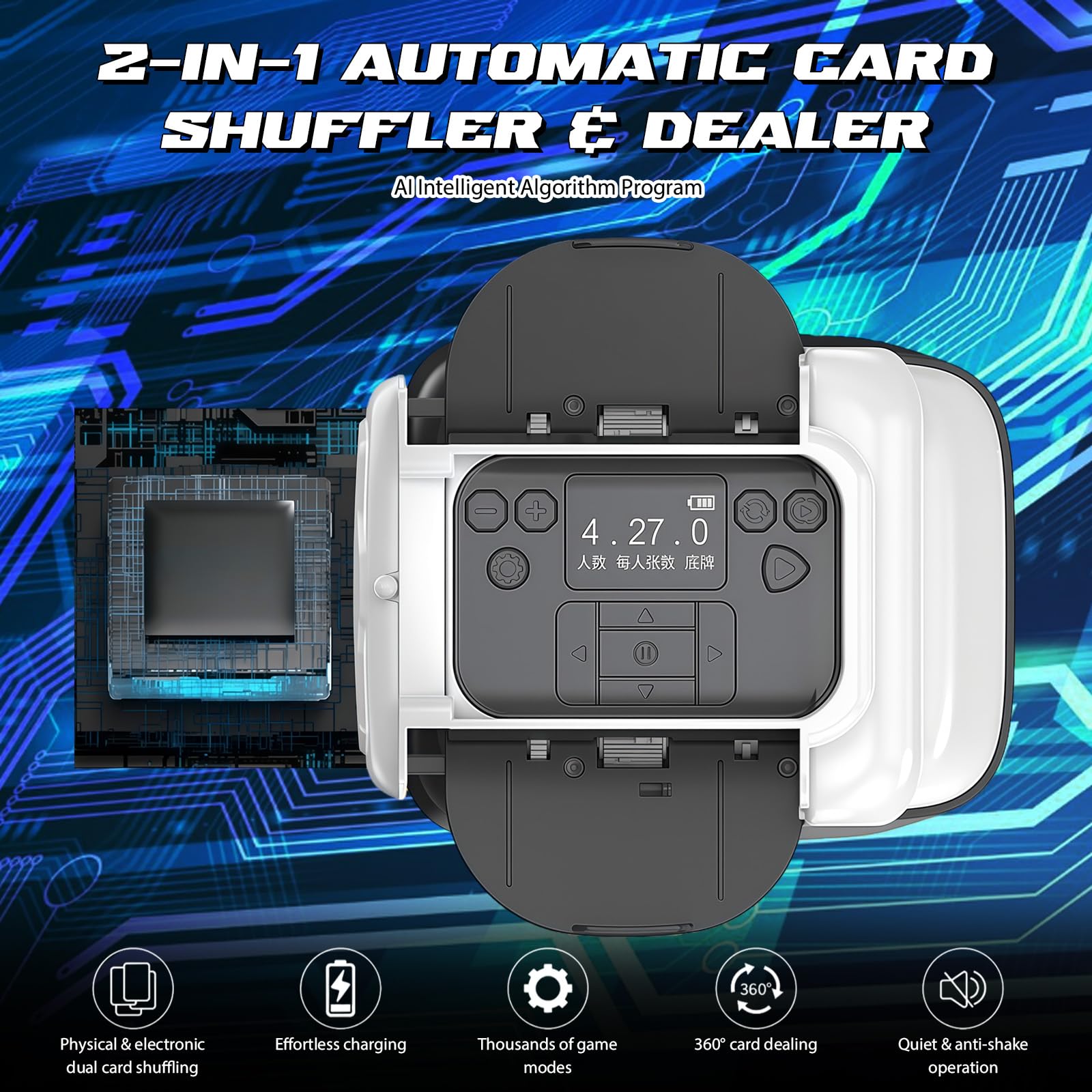 Repartidor y Mezclador de Cartas Automático – Máquina Eléctrica para Mezclar Cartas para 1-4 Barajas – Recargable 2000mAh, Silencioso – para Póker, Blackjack, Texas Hold'em