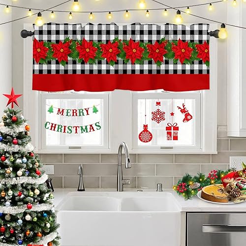 Miniatura 2 de Curtain Valance for Window Kitchen Decor, Merry Christmas Poinsettia Flower Berry Black White Buffalo Plaid 54" x 18" Window Treatment Curtains