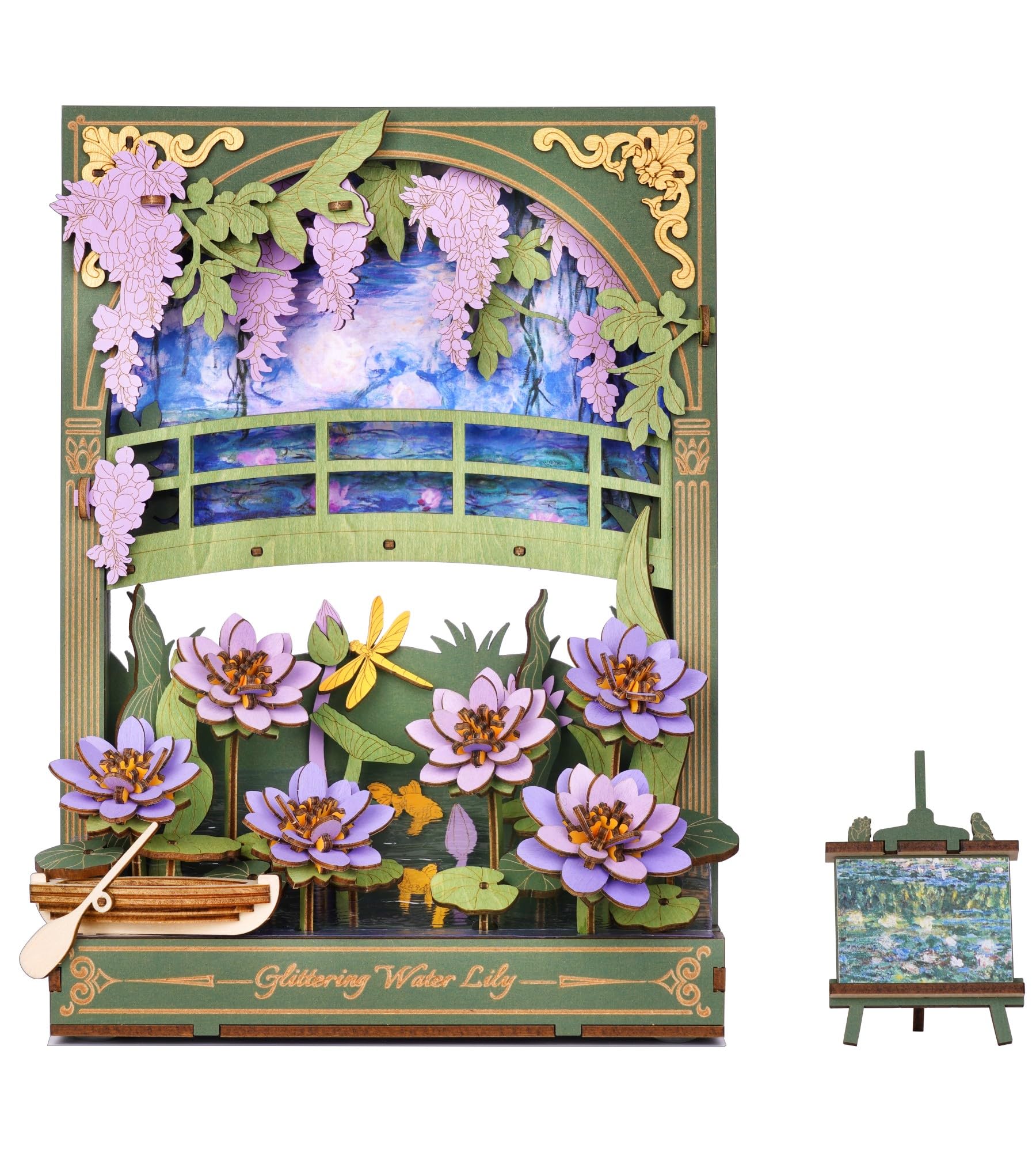 ROWOOD Drewniane puzzle 3D dla dorosłych dzieci ze światłem LED, zestaw kwiatowy wzór, dekoracja stołu lub ściany, kreatywny prezent dla kobiet mężczyzn TH001 lilia wodna