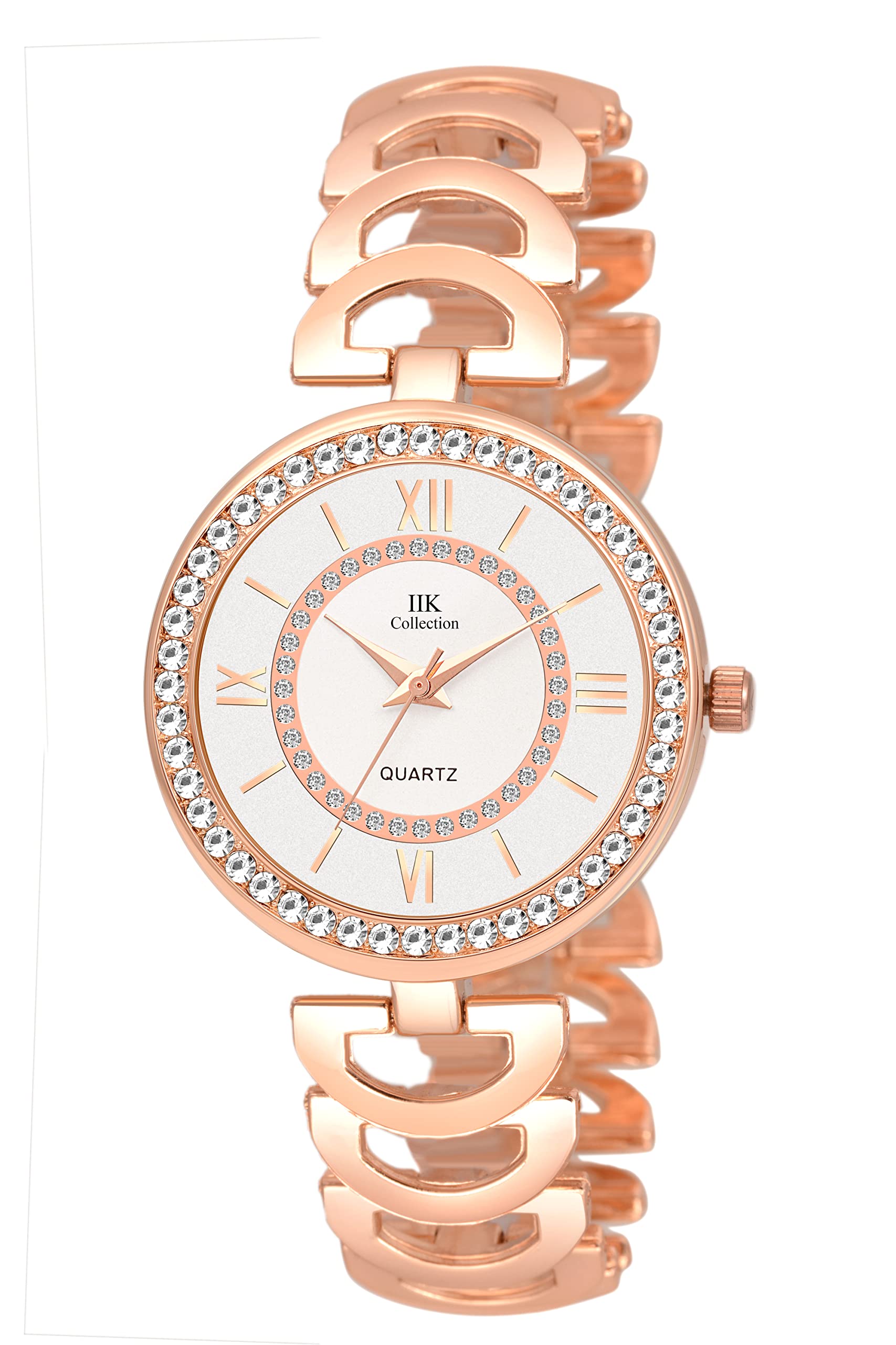 IIK COLLECTION Womens Round Studded Dial & Case with Metal Chain Strap Analogue Wrist Stainless Steel Watch (White Dial and Rose Gold Band) (B09RWX4D2C) Amazon Price History, Amazon Price Tracker