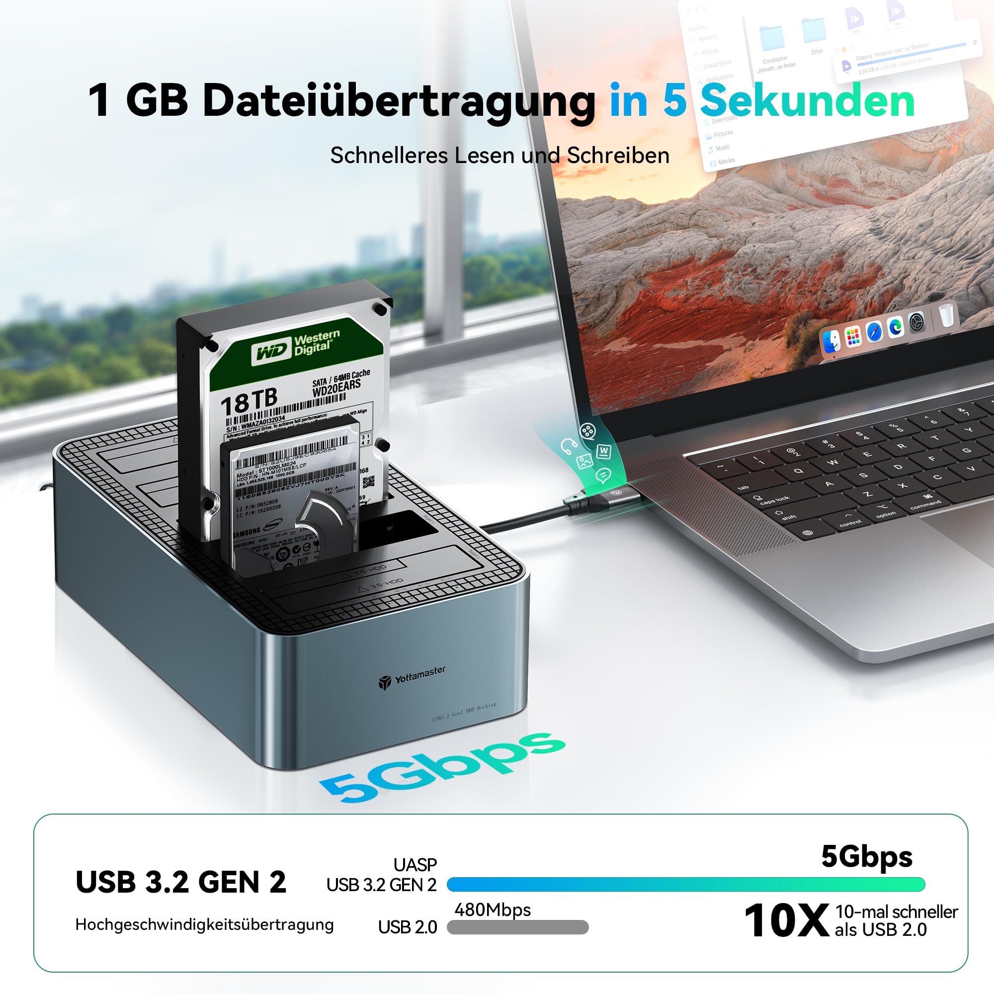 Yottamaster 5 Bay Offline-Klonen Festplatten Dockingstation Aluminium für 2,5/3,5 Zoll, USB 3.2 Gen1 SATA SSD/HDD Docking Station mit 12V 6.5A Netzteil, Unterstützt 5x18TB Max
