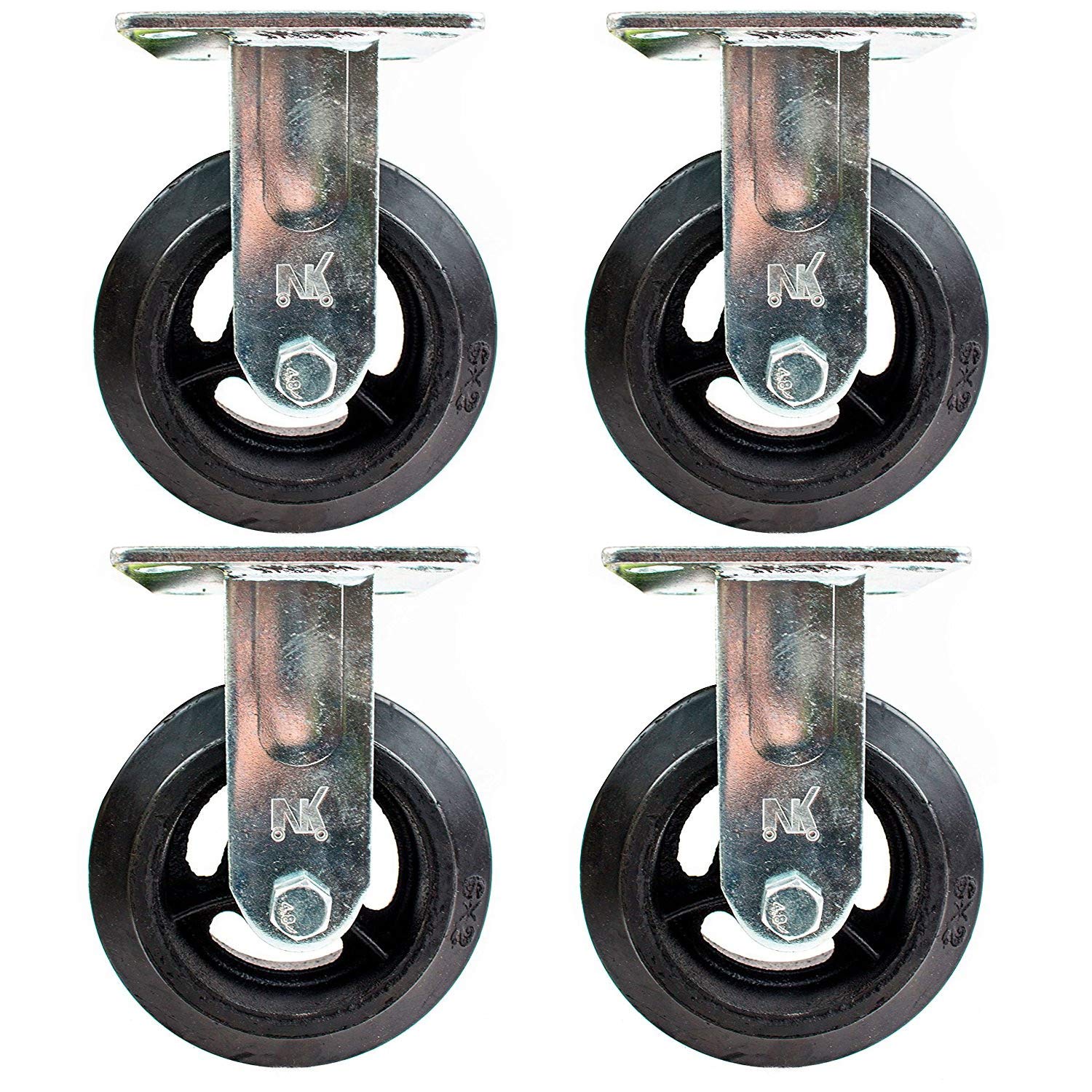Pack of 4 - RK Heavy Duty Moldon Rubber Rigid Plate Casters Iron Wheel, 6 x 2, Capacity: 500 lbs/Ea