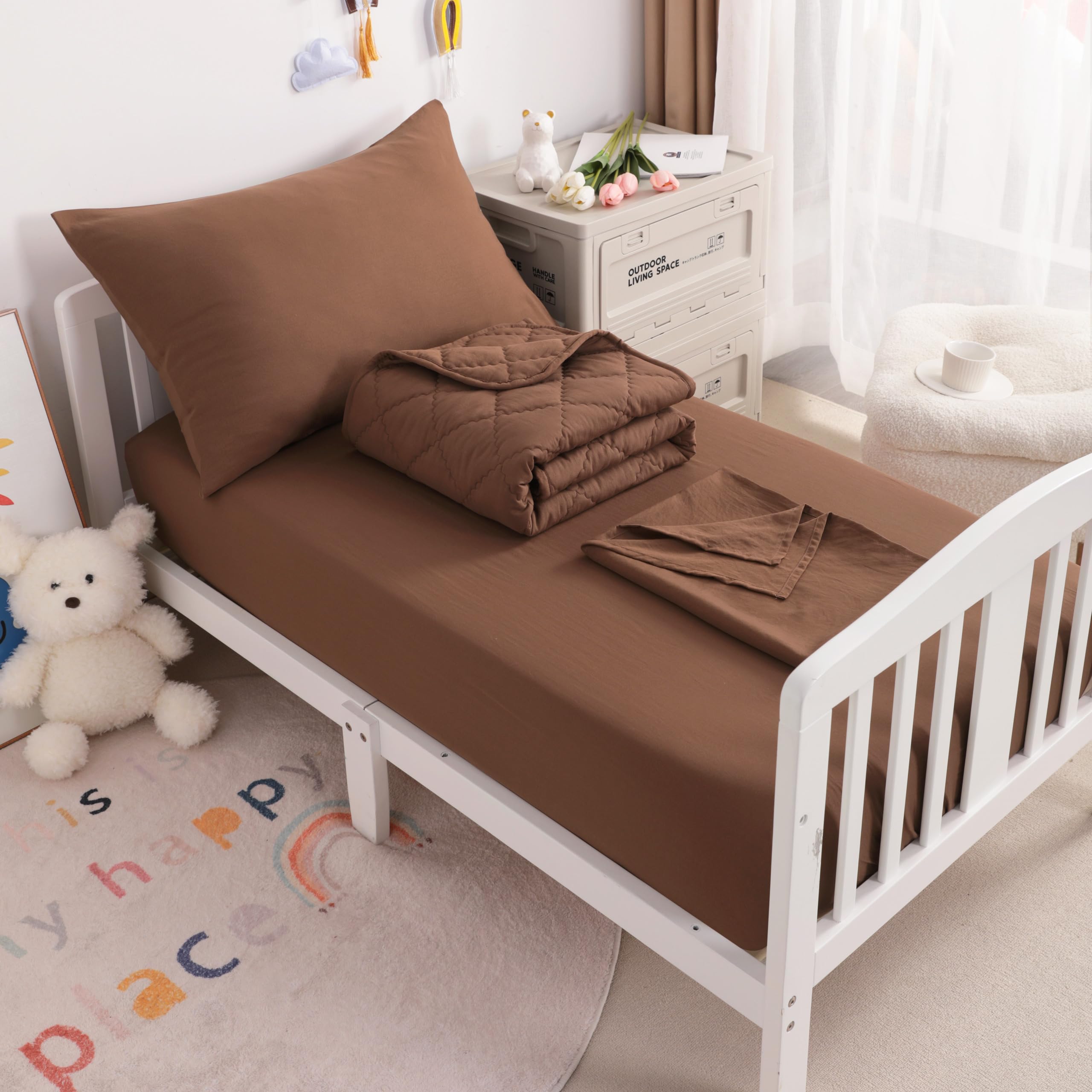 Toddler Bedding Set, 4 Piece Soft and Breathable Crib Bedding Set for Boys and Girls, Bed in A Bag for Kids, Includes Comforter, Fitted Sheet, Flat Top Sheet and Envelope Pillowcase, Brown
