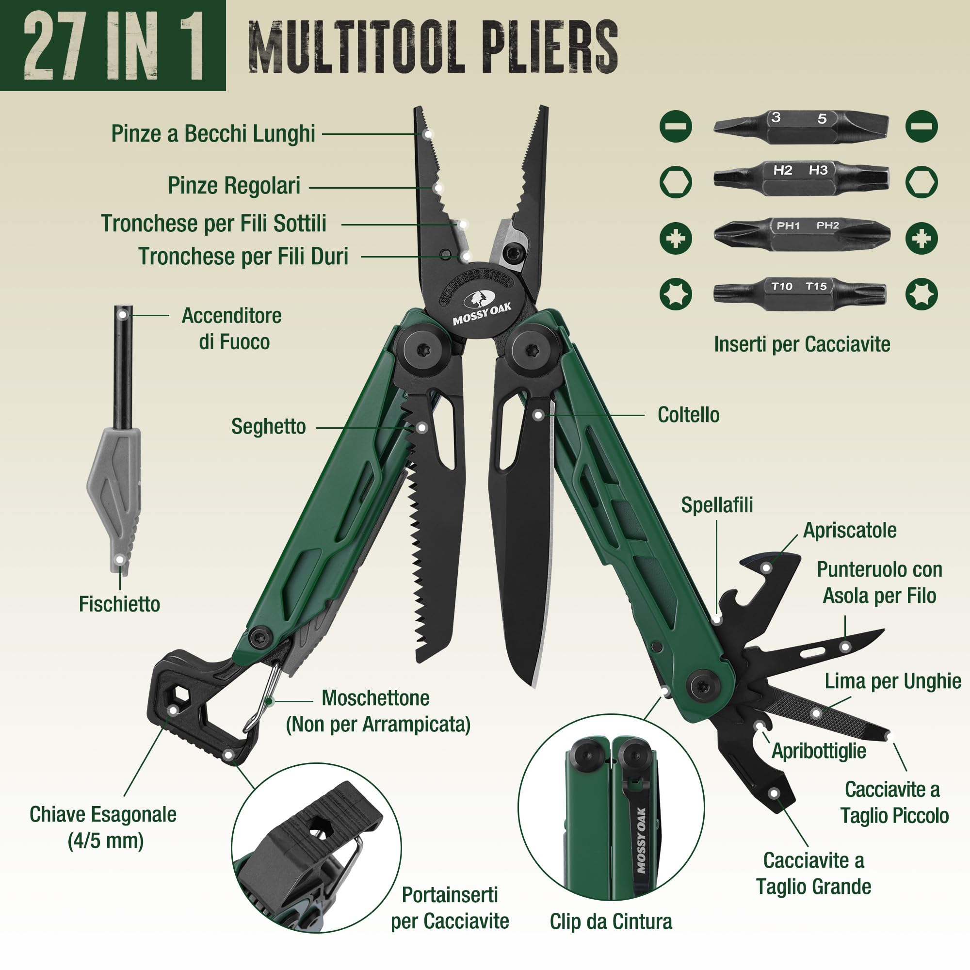 Mossy Oak 27-in-1 Pinza Multifuzione in Acciaio Inossidabile, Multitool Pieghevole con 4 Punte, Ideale per Escursioni, Campeggio e Riparazioni, Compreso Astuccio, Verde