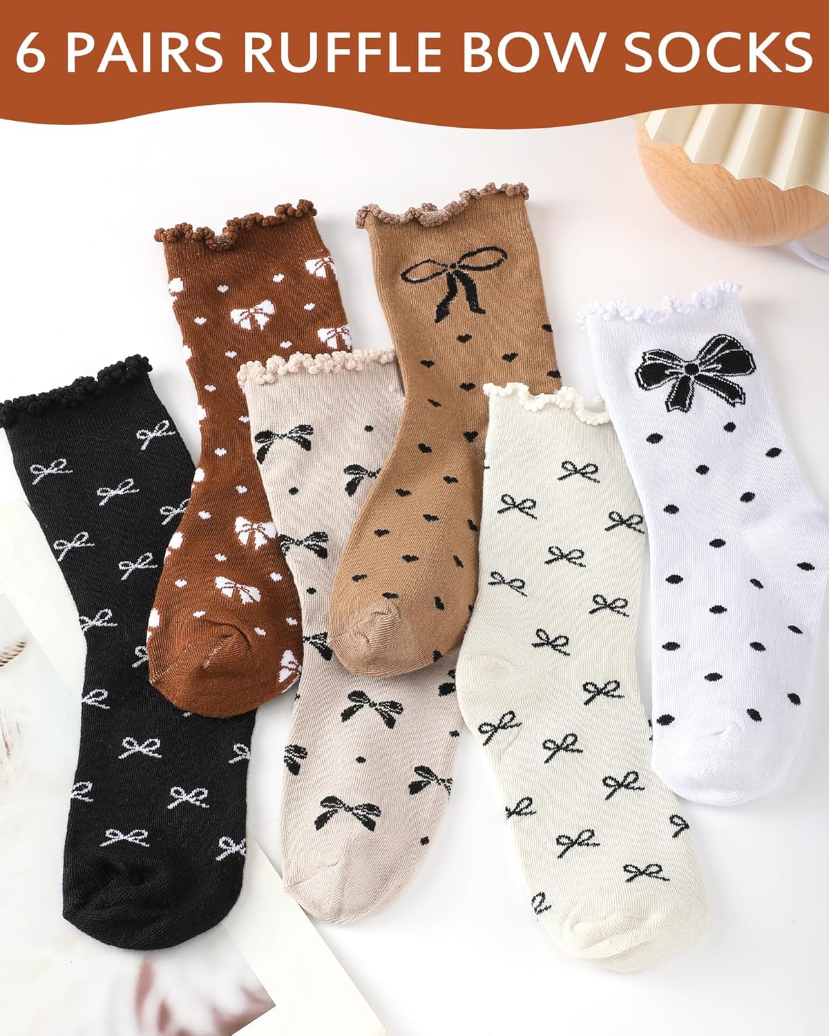 6 Pairs Bow Socks for Women Ruffle Cute Coquette Socks Frilly Kawaii Polka Dot Aesthetic Knit Lolita Princess Accessories Galentine's Day Birthday Gifts - Image 3