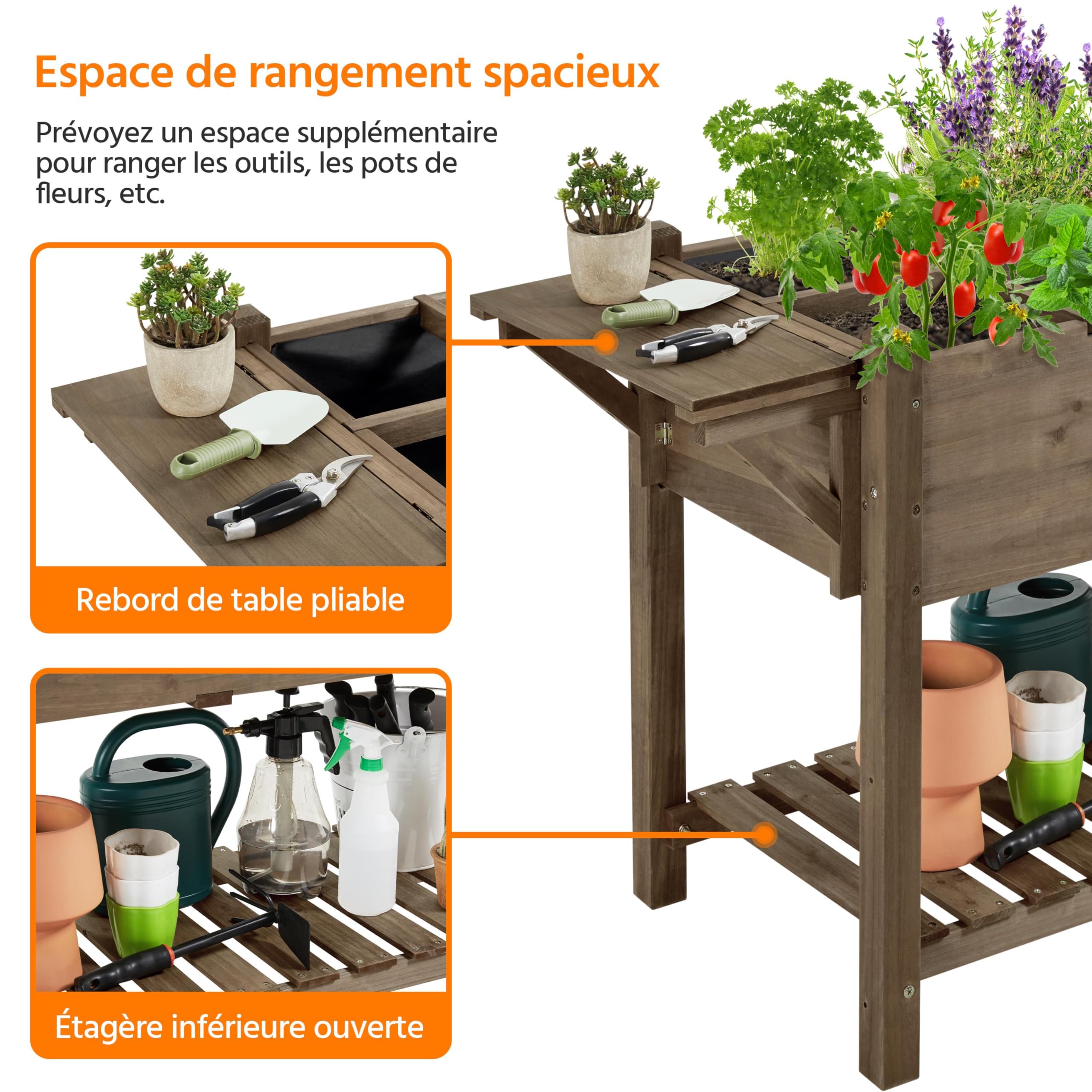 Yaheetech Carré Potager sur Pieds Jardinière Surélevée avec Étagère, Trous de Drainage, Table Pliable Carré à Plantes pour Culture en Maison/Balcon/Jardin 123.5x54x80 cm Marron foncé
