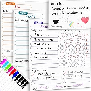 Magnetic Chore Chart Set, 4 Pieces Dry Erase Refrigerator Charts, 10 Magnetic Markers with Dry Eraser, Daily Responsibility Magnetic Dry Erase Board Charts for Kid Teen Adult Fridge School Home Supply