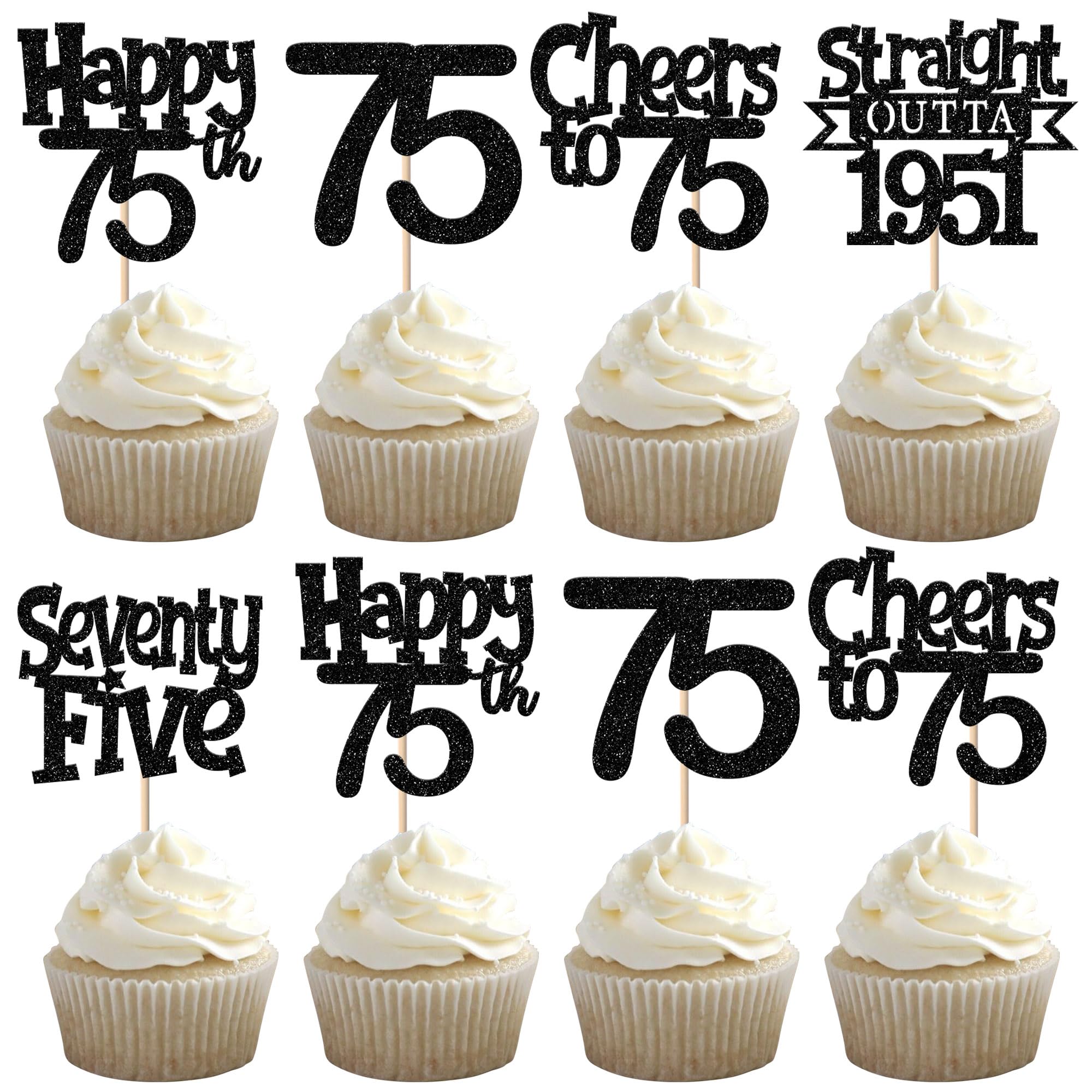 30 Stück 75th Geburtstag Cupcake Toppers Straight Outta 1951 Kuchen Deko Happy 75th Hello Sventy Five Tortendeko für Prost auf 75 Geburtstag Hochzeit Jahrestag Party Kuchen Dekorationen Schwarz