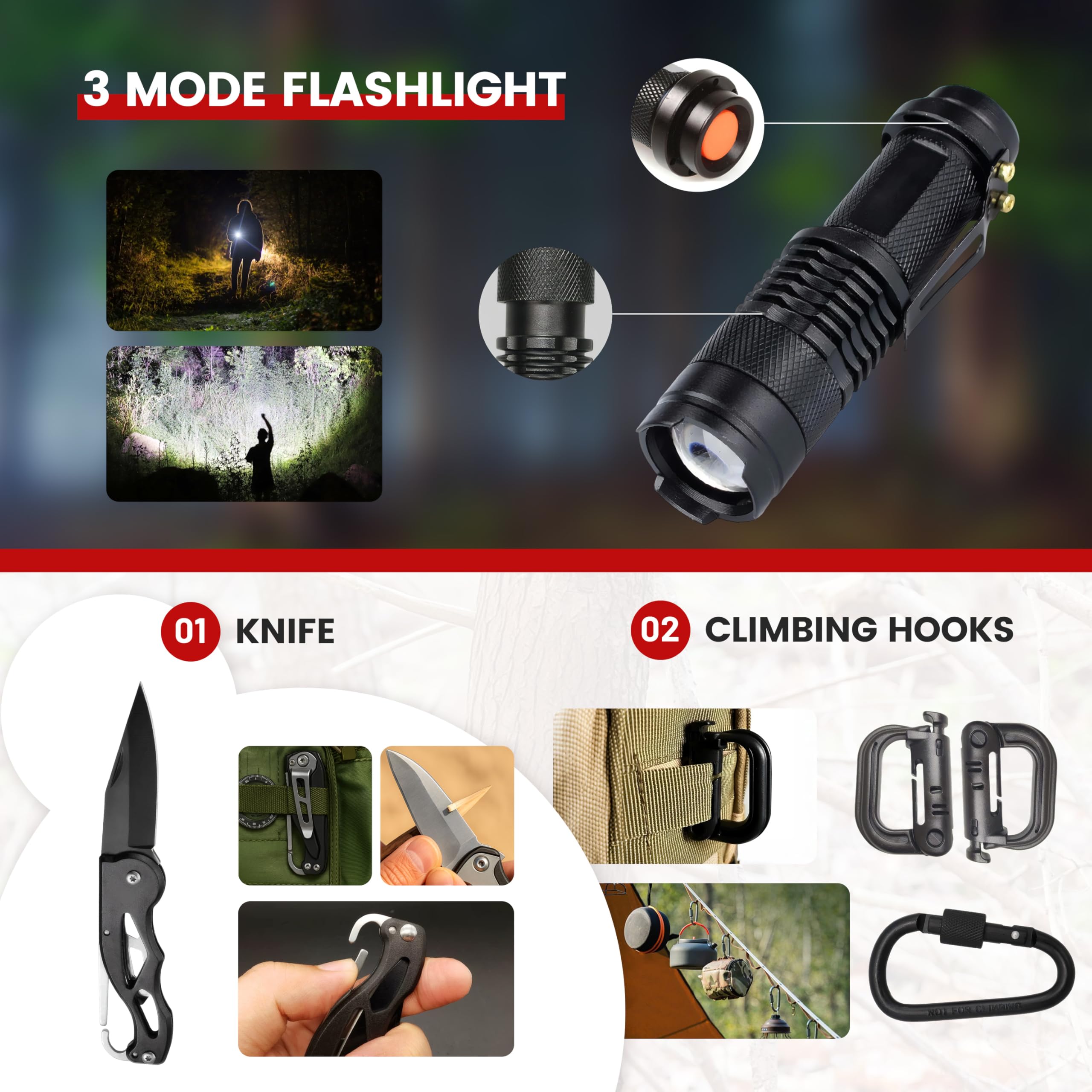 EIN Survival kit mit Emergency kit，206-teiliges überlebensausrüstung notfallrucksack，Kompass Militärschaufel Camping Light Regenmantel Zelt，Outdoor-Camping-Abenteuer-Wandergeschenke für Herren