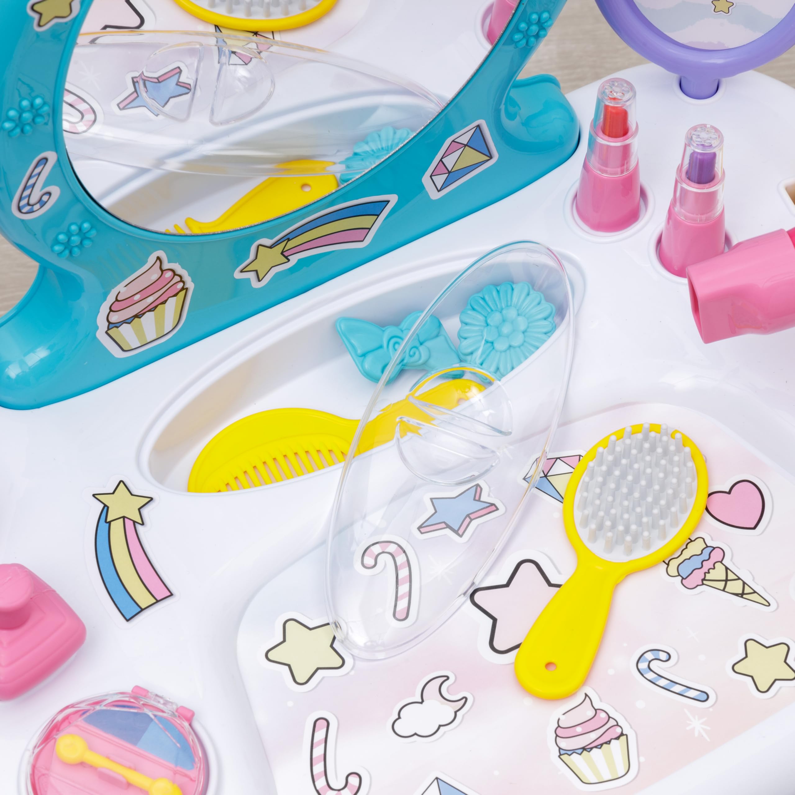 Baroni Toys Toeletta Trucco per Bambini con Specchio, Sgabello e 12 Accessori, Consolle Trucco Bambina, Specchiera per Bambine, Gioco di Simulazione per Bambini dai 36 Mesi, 48x32x71 cm, Unicorni