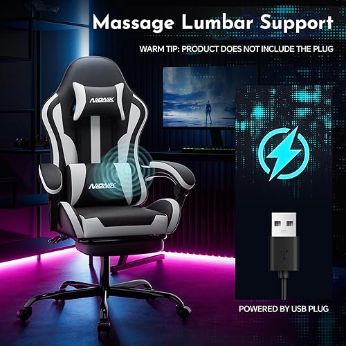 Miniatura 5 de Silla de juegos, silla ergonómica para computadora con reposapiés y soporte lumbar, silla de juego ajustable en altura con asiento giratorio de 360