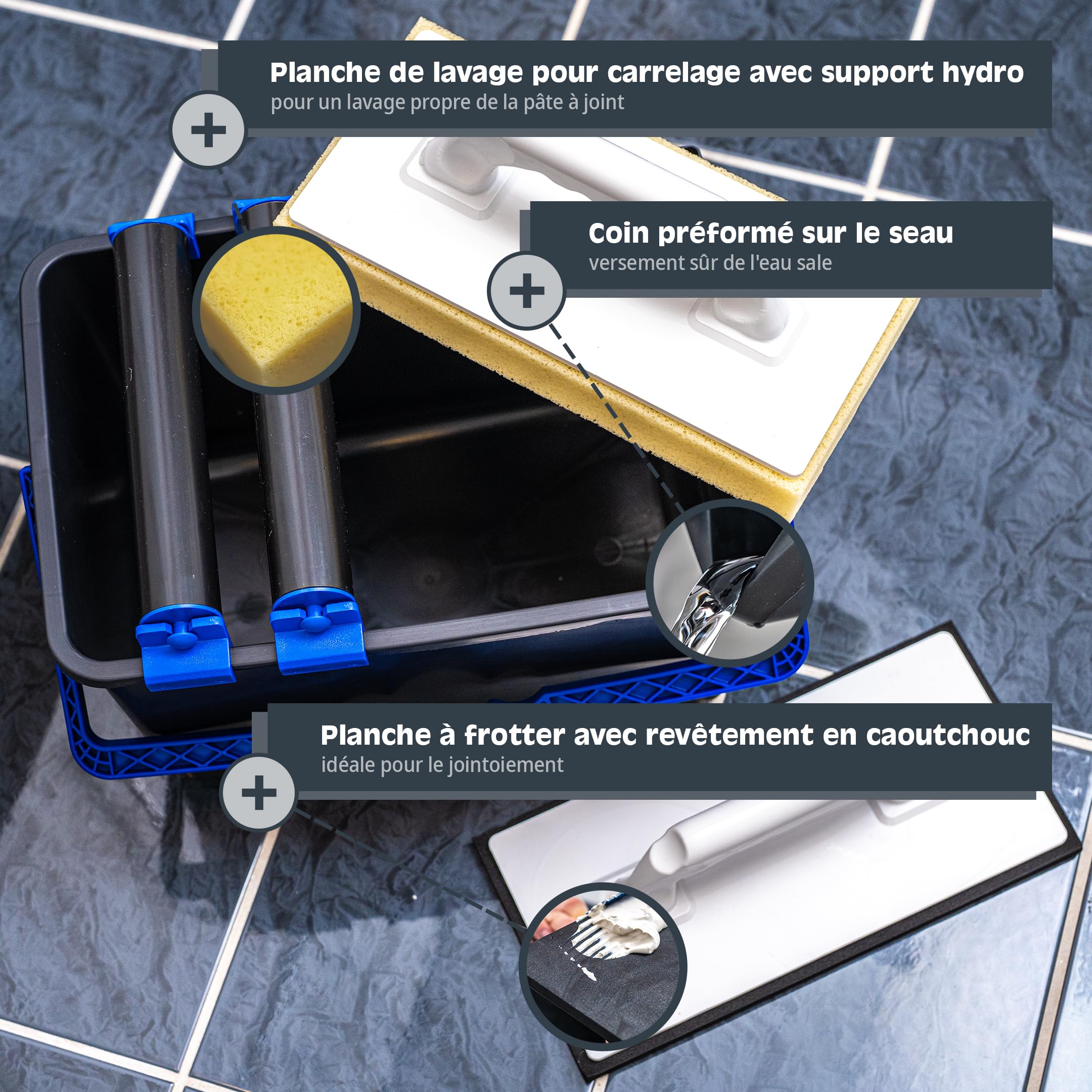 HELPMATE – Kit de lave sol de carrelage 5 pièces & seau de 12 litres – balais serpillère nettoyer sol – support à roulettes double – planche de lavage de carrelage & planche à joints